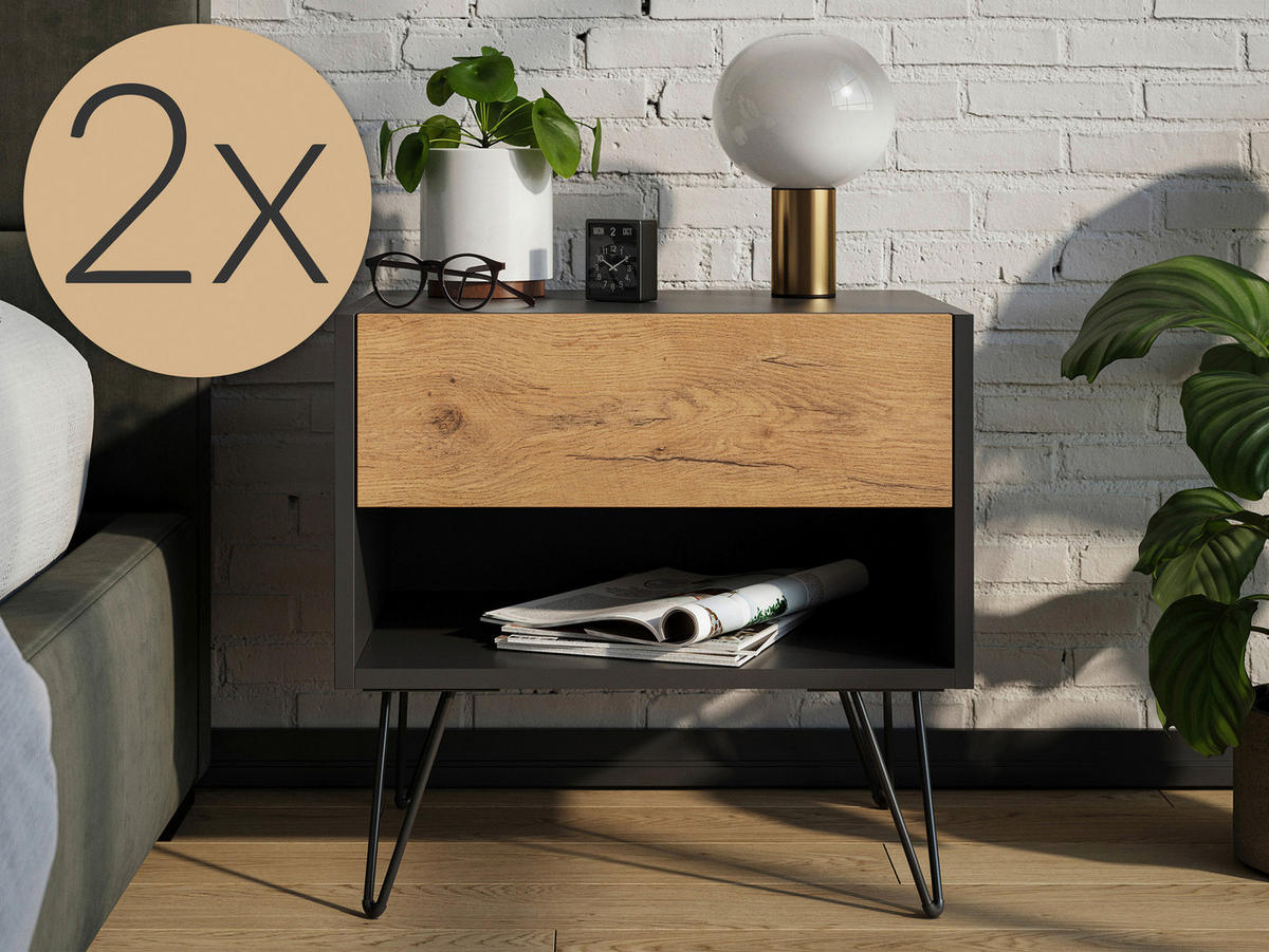 NACHTTISCH 51,2/50/35,6 cm  - Eichefarben/Graphitfarben, Basics, Holzwerkstoff/Metall (51,2/50/35,6cm) - MID.YOU