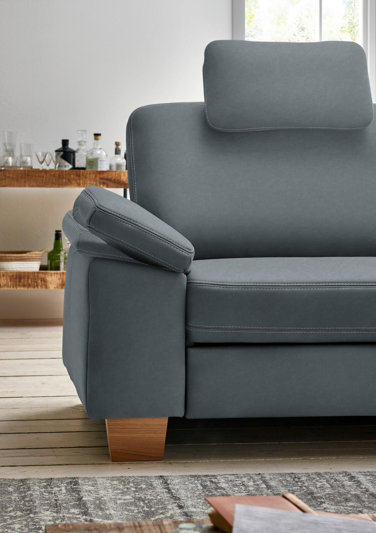 ECKSOFA Echtleder Blaugrau  - Eichefarben/Beige, Konventionell, Leder/Holzwerkstoff (274/235cm) - Beldomo Premium