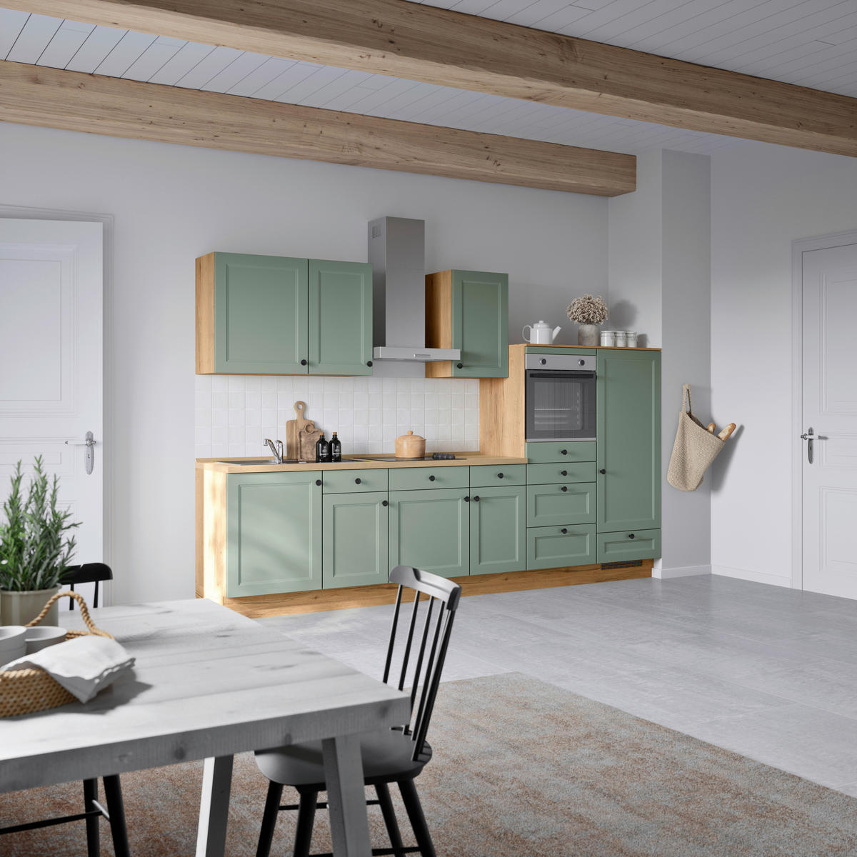 BUCĂTĂRIE FĂRĂ ELECTROCASNICE  - verde/culoare lemn stejar, Modern, metal/material pe bază de lemn (330cm) - Nobilia