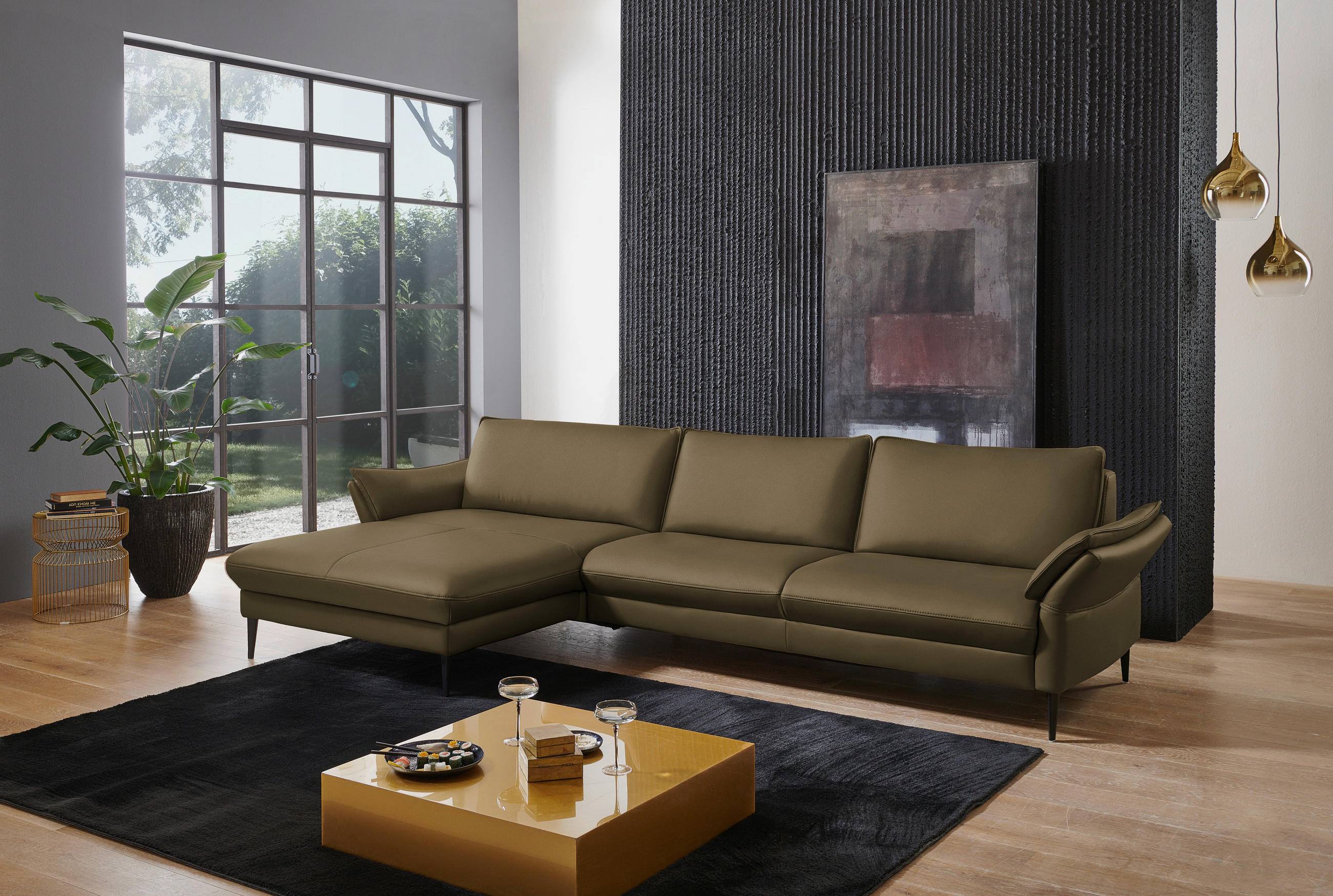 ECKSOFA in Echtleder Olivgrün  - Schwarz/Olivgrün, Design, Leder/Metall (172/334cm) - Valdera