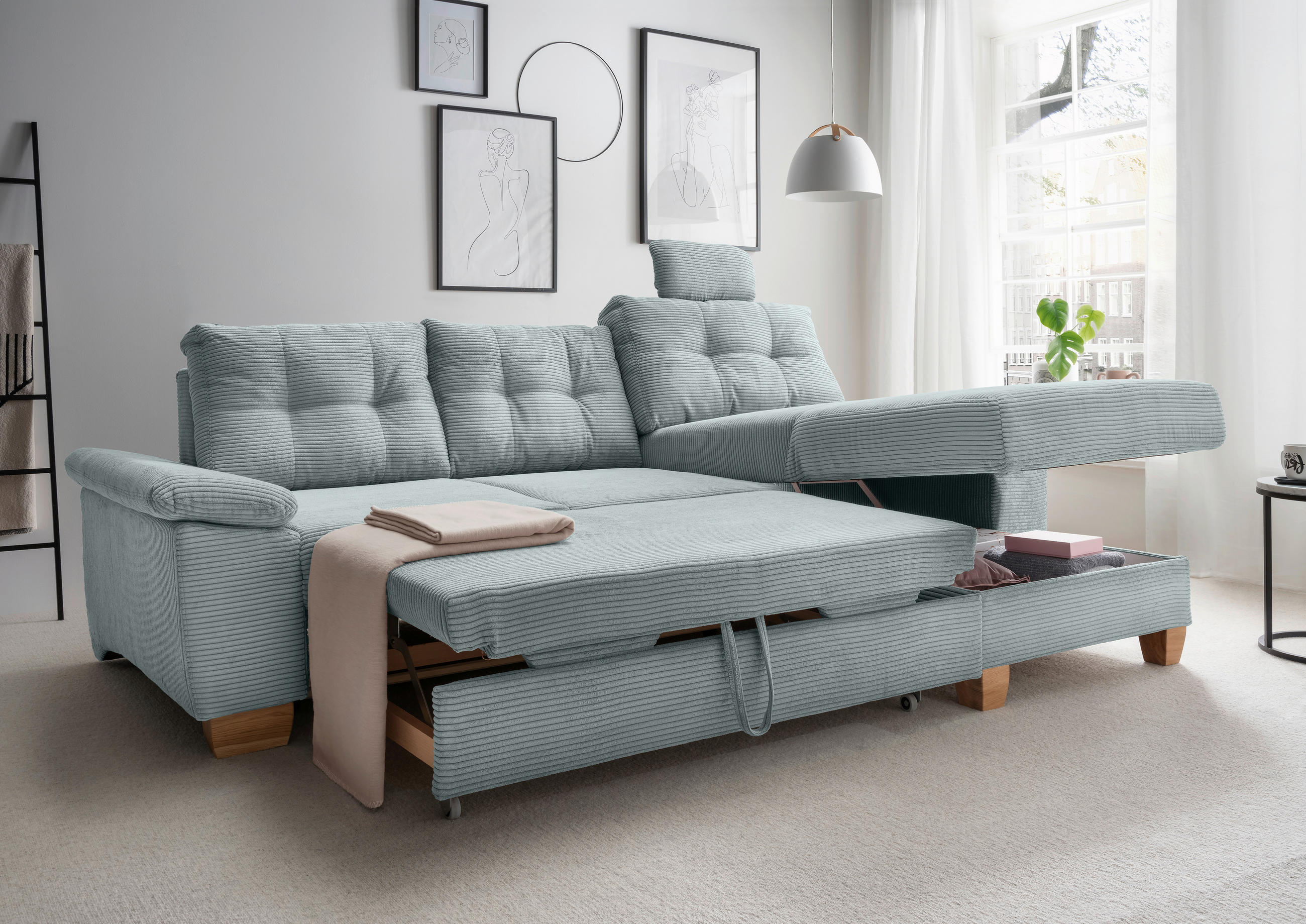 ECKSOFA in Cord Hellblau  - Naturfarben/Hellblau, Modern, Holz/Textil (270/176cm) - Livetastic