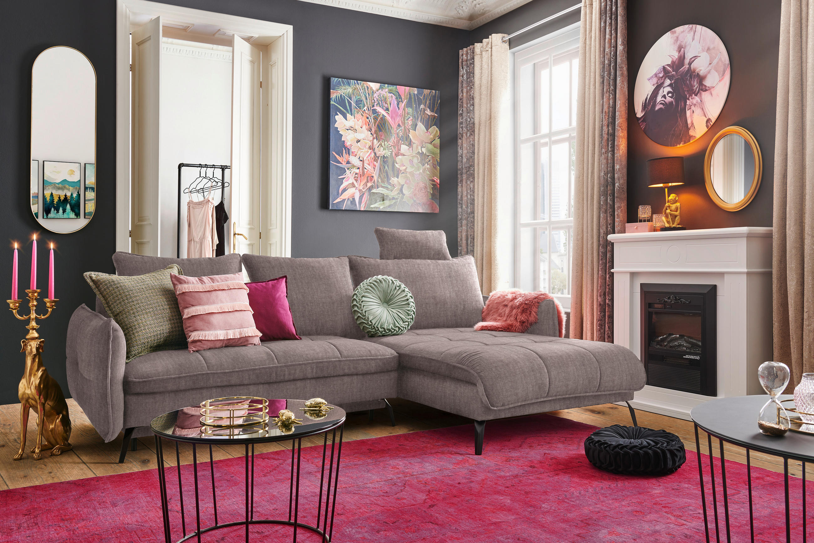 ECKSOFA in Flachgewebe Taupe  - Taupe/Schwarz, Design, Textil/Metall (273/180cm) - Hom`in