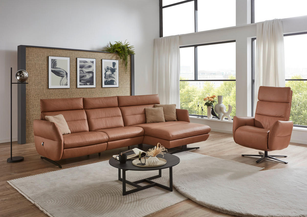 ECKSOFA in Echtleder Haselnussfarben  300/157 cm  - Schwarz/Haselnussfarben, Design, Leder/Metall (300/157cm) - Dieter Knoll