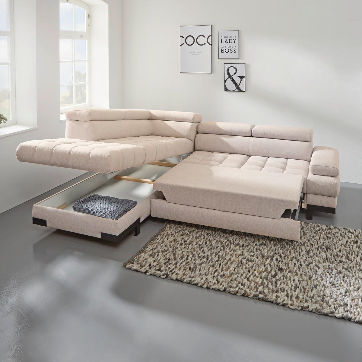 ECKSOFA in Webstoff Beige  - Beige/Schwarz, Design, Textil/Metall (223/263cm) - Welnova