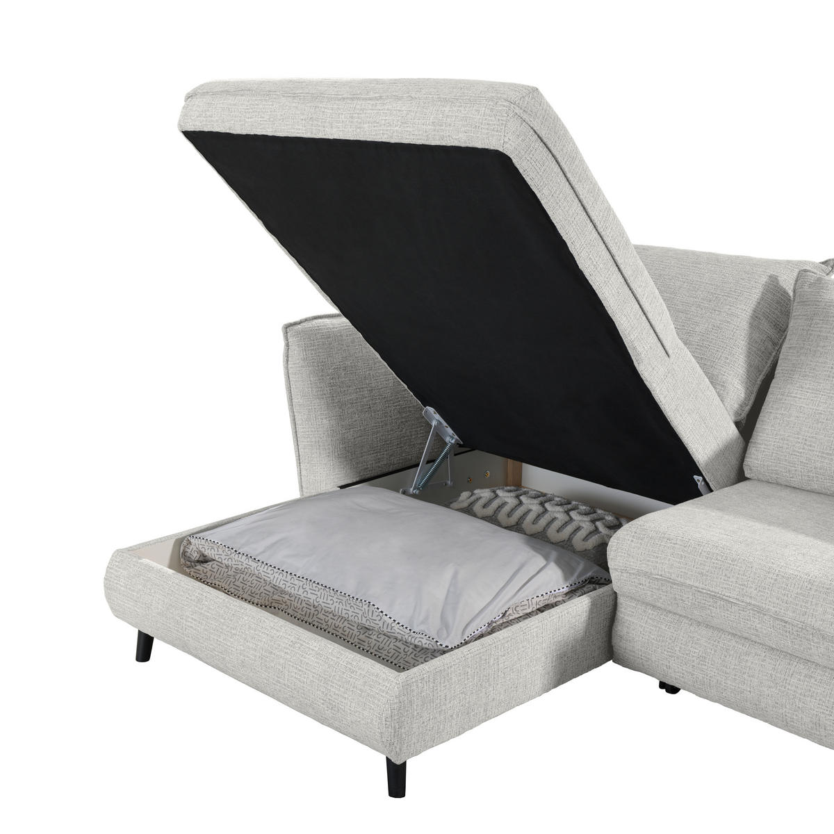 ECKSOFA inkl. Funktionen Hellgrau Struktur  - Hellgrau/Schwarz, Design, Holz/Textil (245/161cm) - Stylife