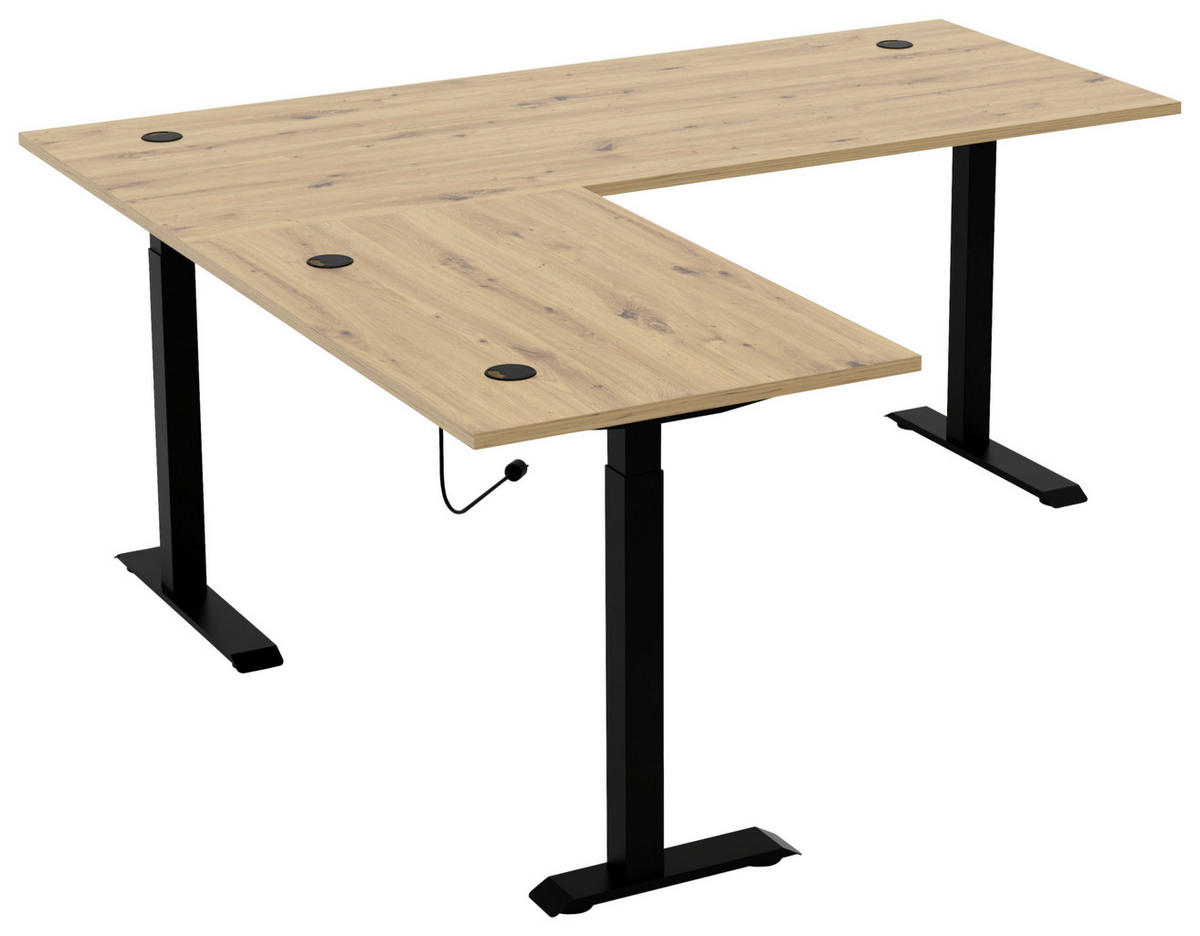 ECKSCHREIBTISCH 185/177/72-120 cm Schwarz, Eiche Artisan höhenverstellbar, Kabeldurchlass, seitenverkehrt montierbar, Memoryschalter  - Schwarz/Eiche Artisan, KONVENTIONELL, Holzwerkstoff/Metall (185/177/72-120cm) - Voleo
