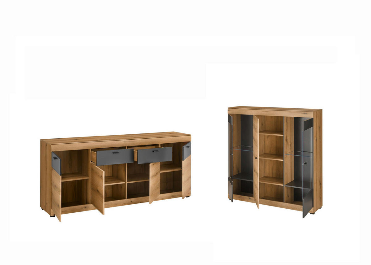 WOHNWAND 2-teilig  in Graphitfarben, Eichefarben   - Eichefarben/Graphitfarben, Design, Glas/Holzwerkstoff - MID.YOU