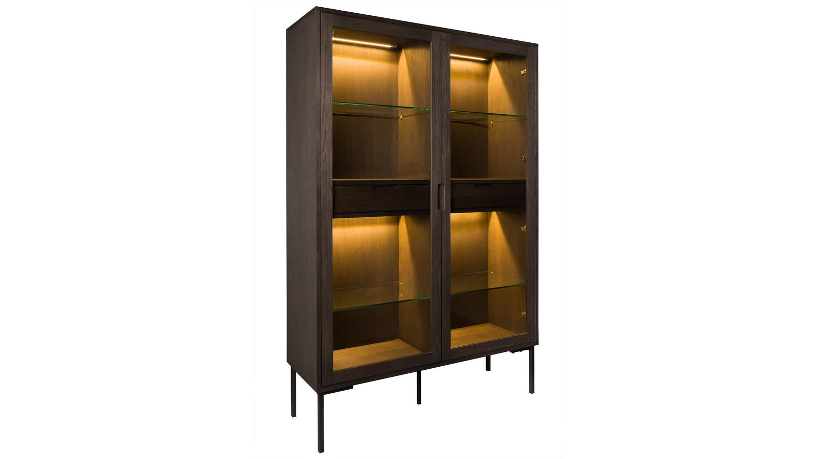 VITRINSKÅP  i delar i massivt trä, faner ek mörkbrun  - svart/mörkbrun, Design, metall/glas (120/180,5/40cm) - Best Price