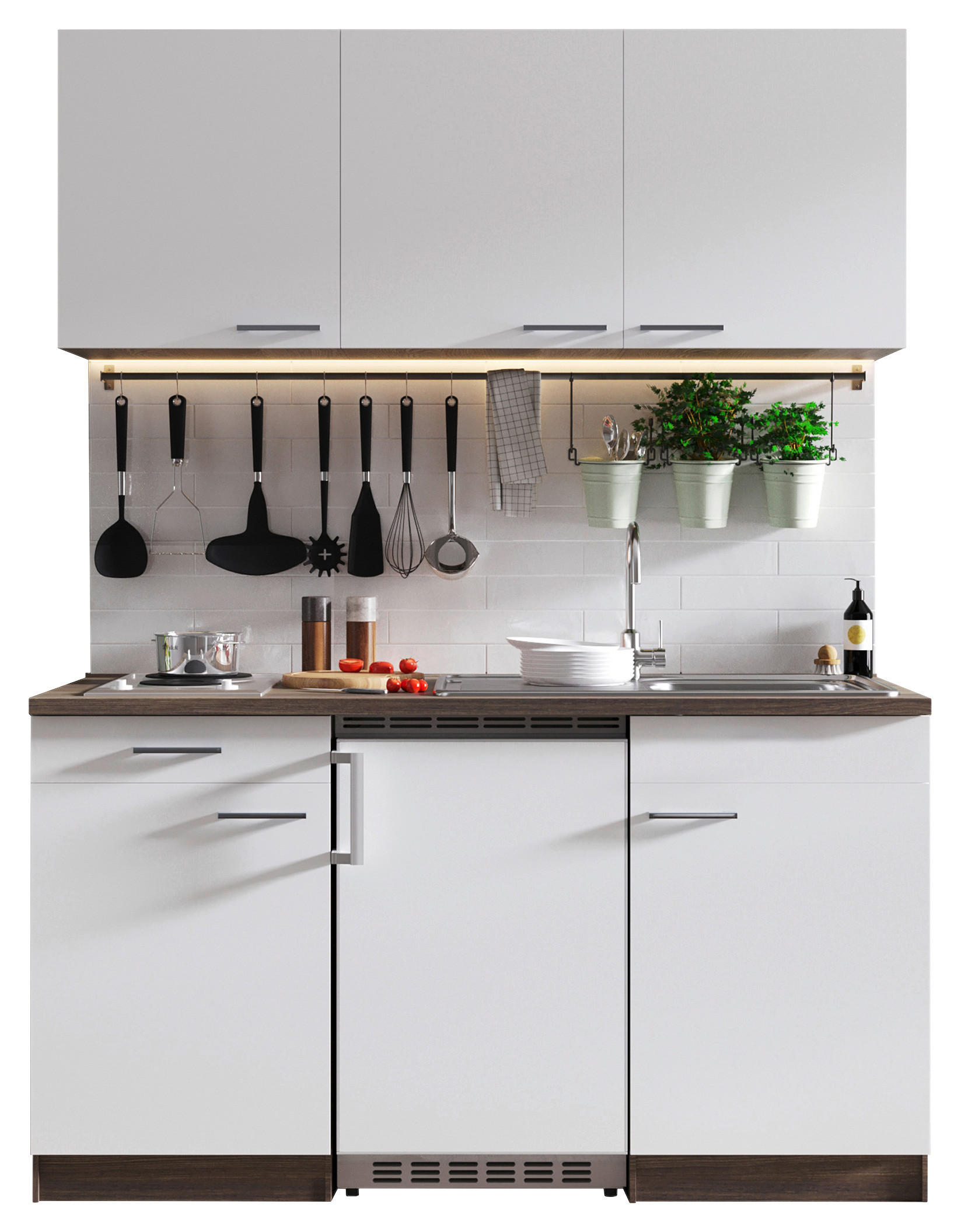 MINIKÜCHE 150 cm   in Weiß  - Eichefarben/Alufarben, Basics, Holzwerkstoff/Kunststoff (150cm) - Respekta