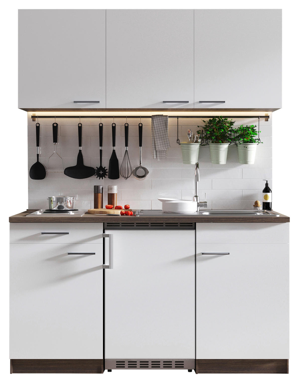 MINIKÜCHE 150 cm   in Weiß  - Eichefarben/Alufarben, Basics, Holzwerkstoff/Kunststoff (150cm) - Respekta
