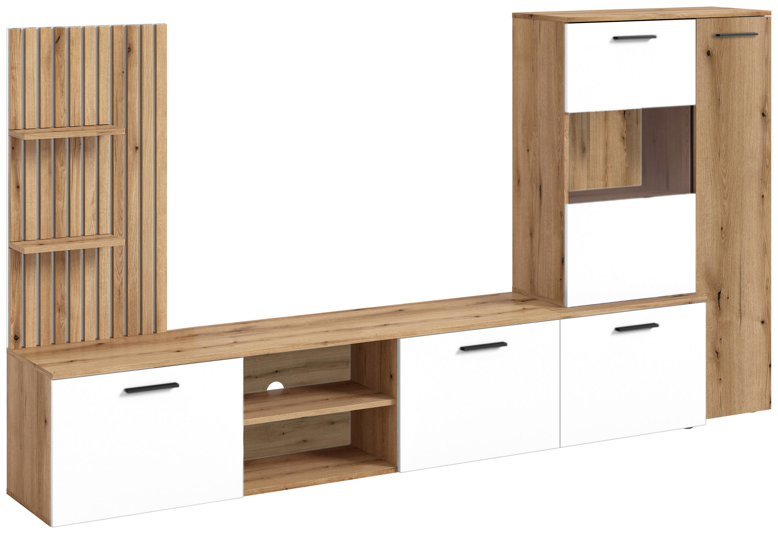 REGAL ZA DNEVNI BORAVAK bijela, boje hrasta - bijela/boje hrasta, Moderno, staklo/drvni materijal (250/135/38cm) - Carryhome