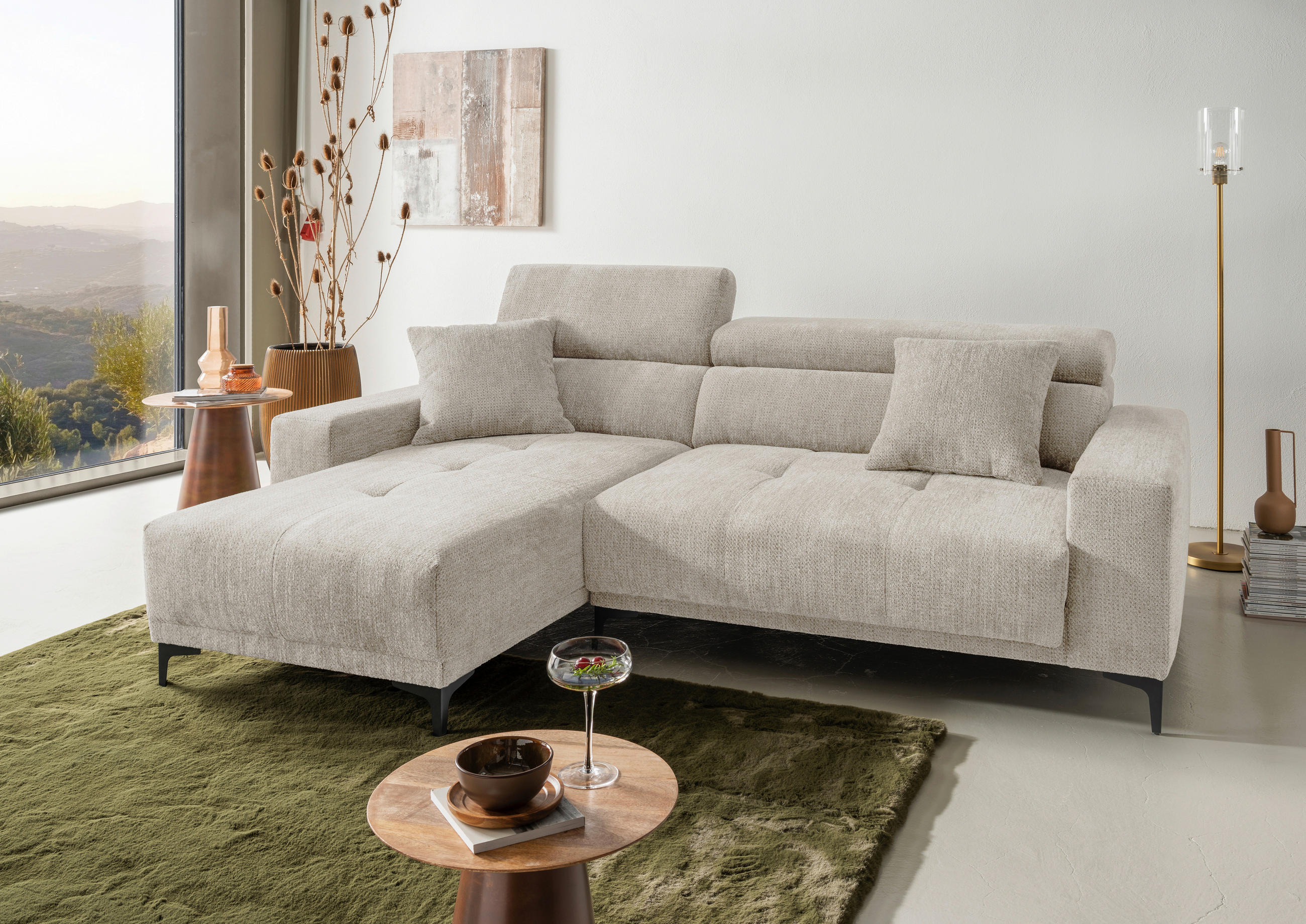 ECKSOFA ORIO Naturfarben Chenille Zierkissen, Kopfteilverstellung, Sitzvorzug  - Schwarz/Naturfarben, Basics, Textil/Metall (183/250cm) - Livetastic