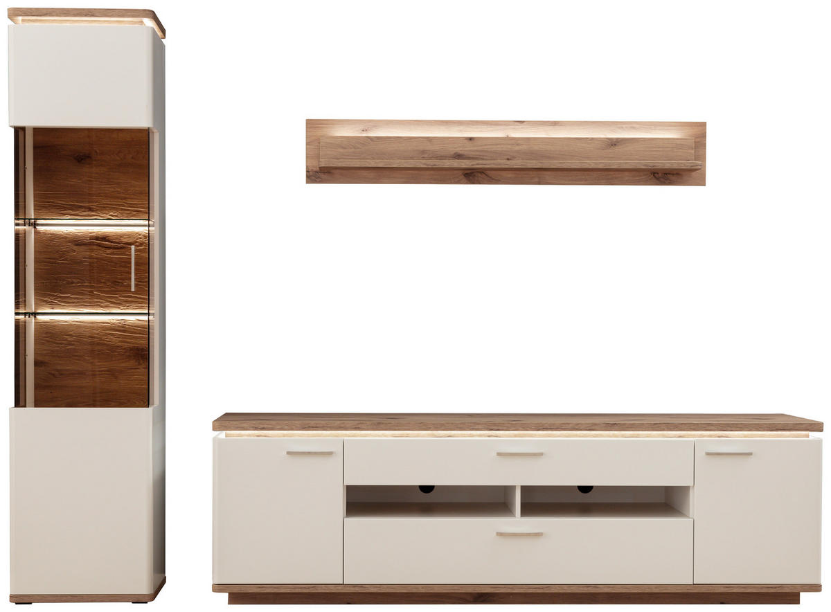 WOHNWAND  in Weiss, Eichefarben 270/208/50 cm  - Weiss/Eichefarben, Design, Glas/Holzwerkstoff (270/208/50cm) - Livetastic