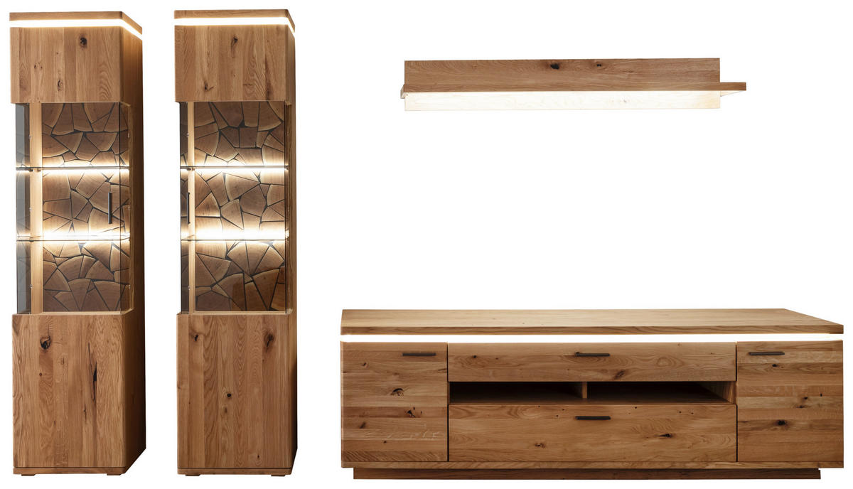 WOHNWAND 4-teilig  Eichefarben 340/204/50 cm  LED-Leuchtmittel   - Eichefarben/Schwarz, Natur, Glas/Holz (340/204/50cm) - Linea Natura