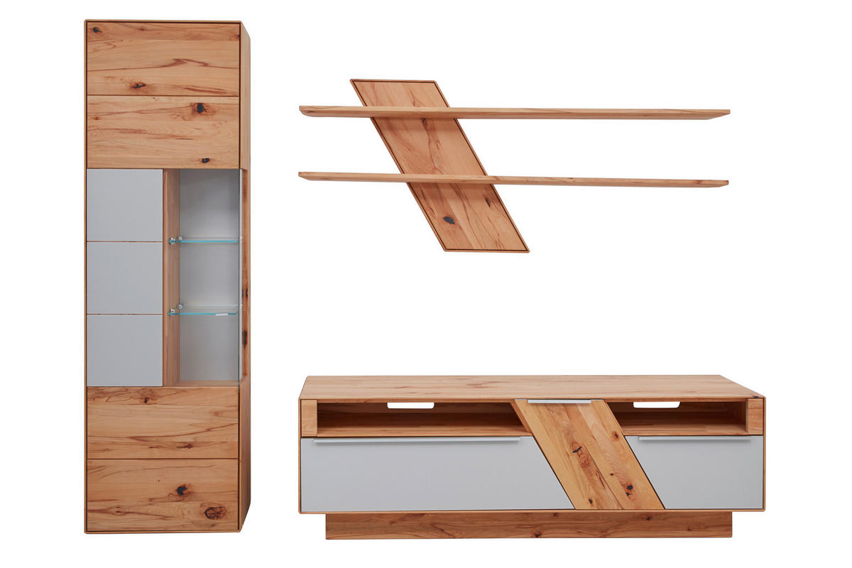 WOHNWAND Sonia  in Weiß, Buchefarben  274/206/54 cm  - Edelstahlfarben/Buchefarben, Design, Glas/Holz (274/206/54cm) - Valnatura