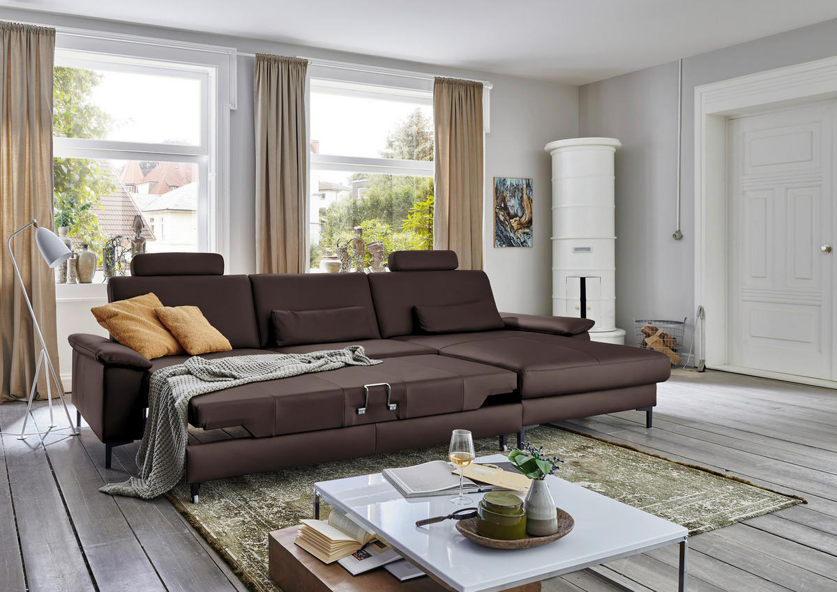 ECKSOFA in Echtleder Dunkelbraun  - Dunkelbraun/Schwarz, Design, Leder/Metall (334/176cm) - Dieter Knoll