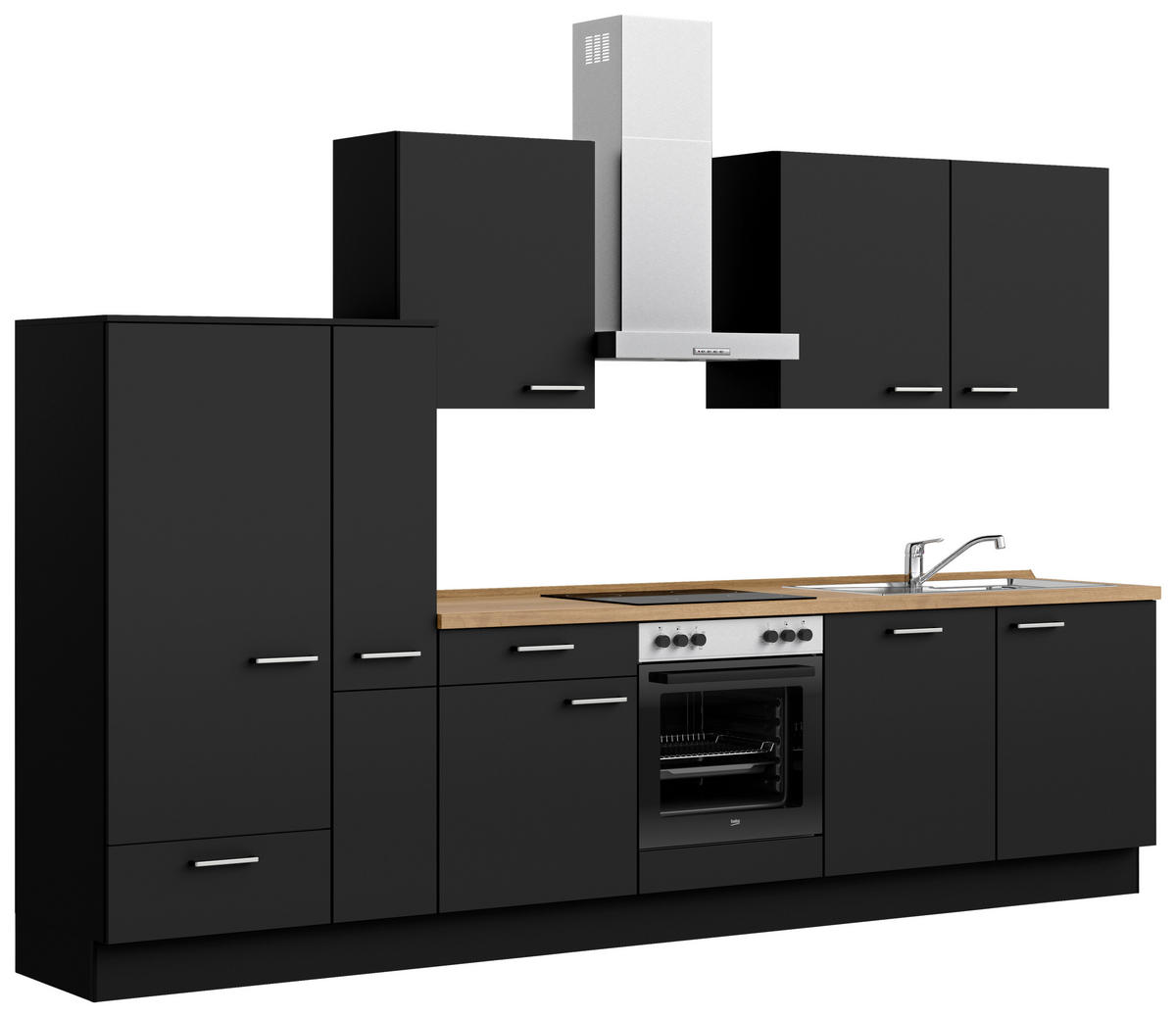 KÜCHENBLOCK 330 cm   in Schwarz, Eichefarben  - Edelstahlfarben/Eichefarben, MODERN, Holzwerkstoff/Metall (330cm) - Nobilia