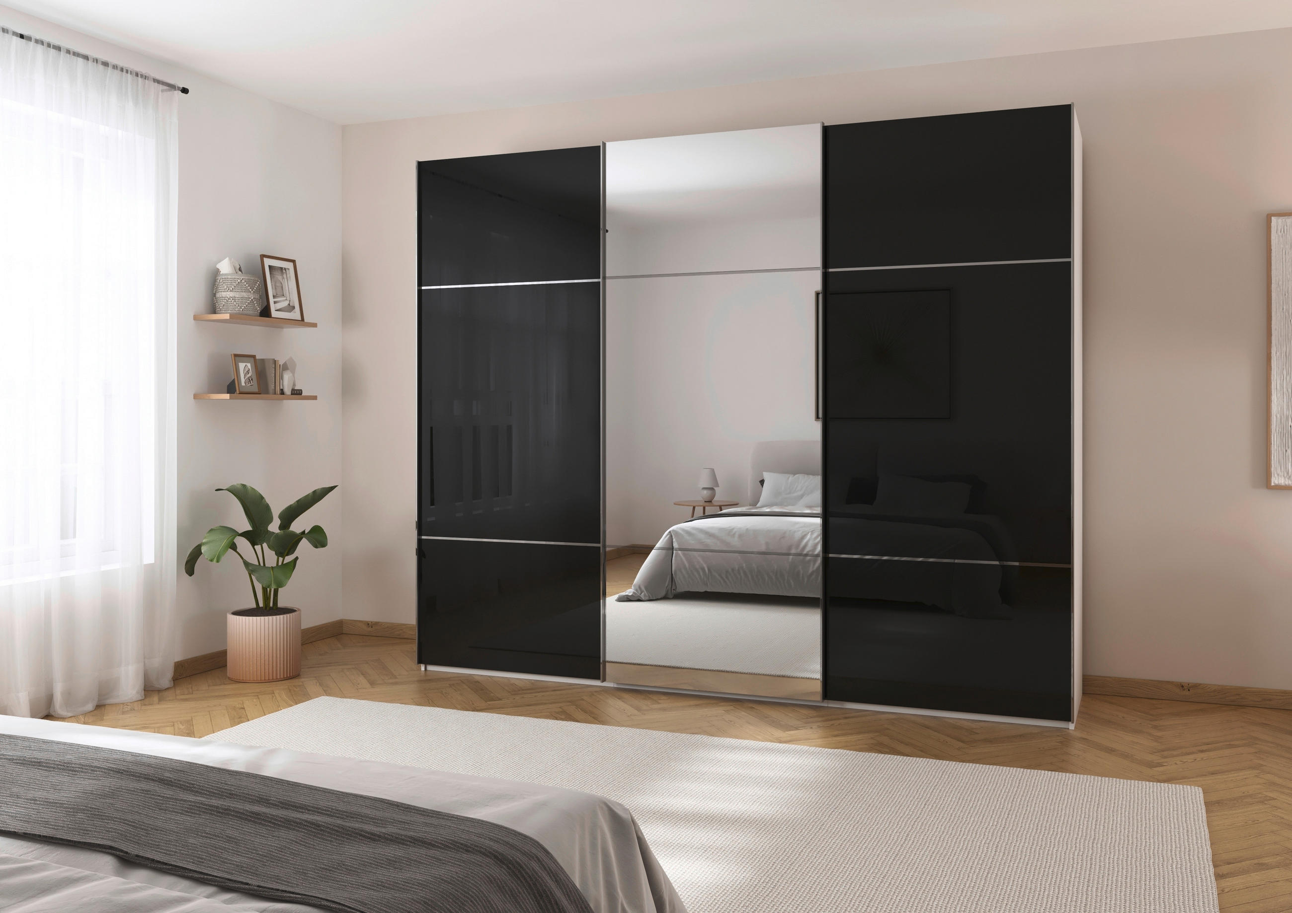 SCHWEBETÜRENSCHRANK in Schwarz, Weiss  - Chromfarben/Weiss, Konventionell, Glas/Holzwerkstoff (271/223/68cm) - Novel