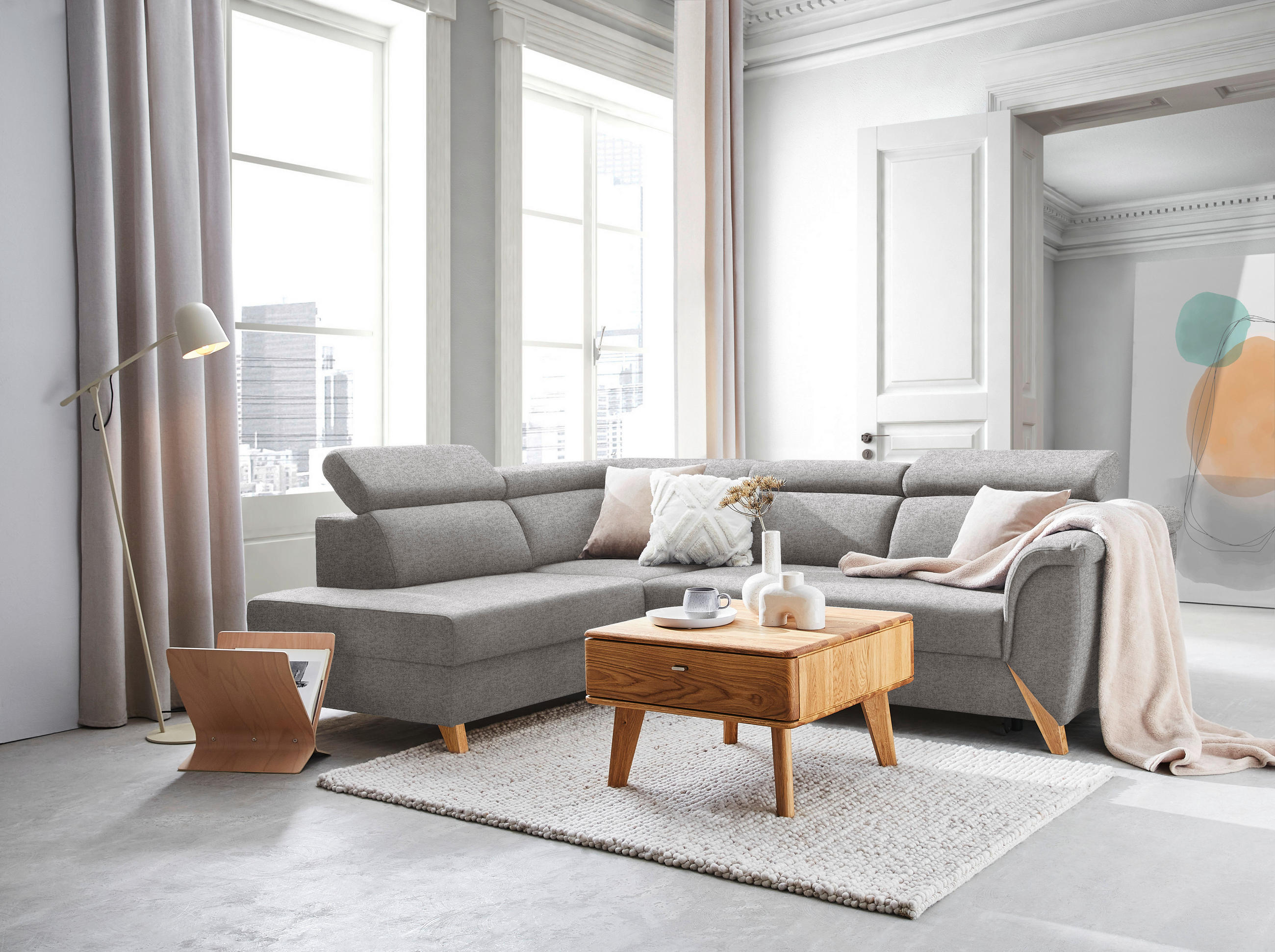ECKSOFA Hellgrau Chenille  - Hellgrau/Naturfarben, KONVENTIONELL, Holz/Textil (200/265cm) - Stylife