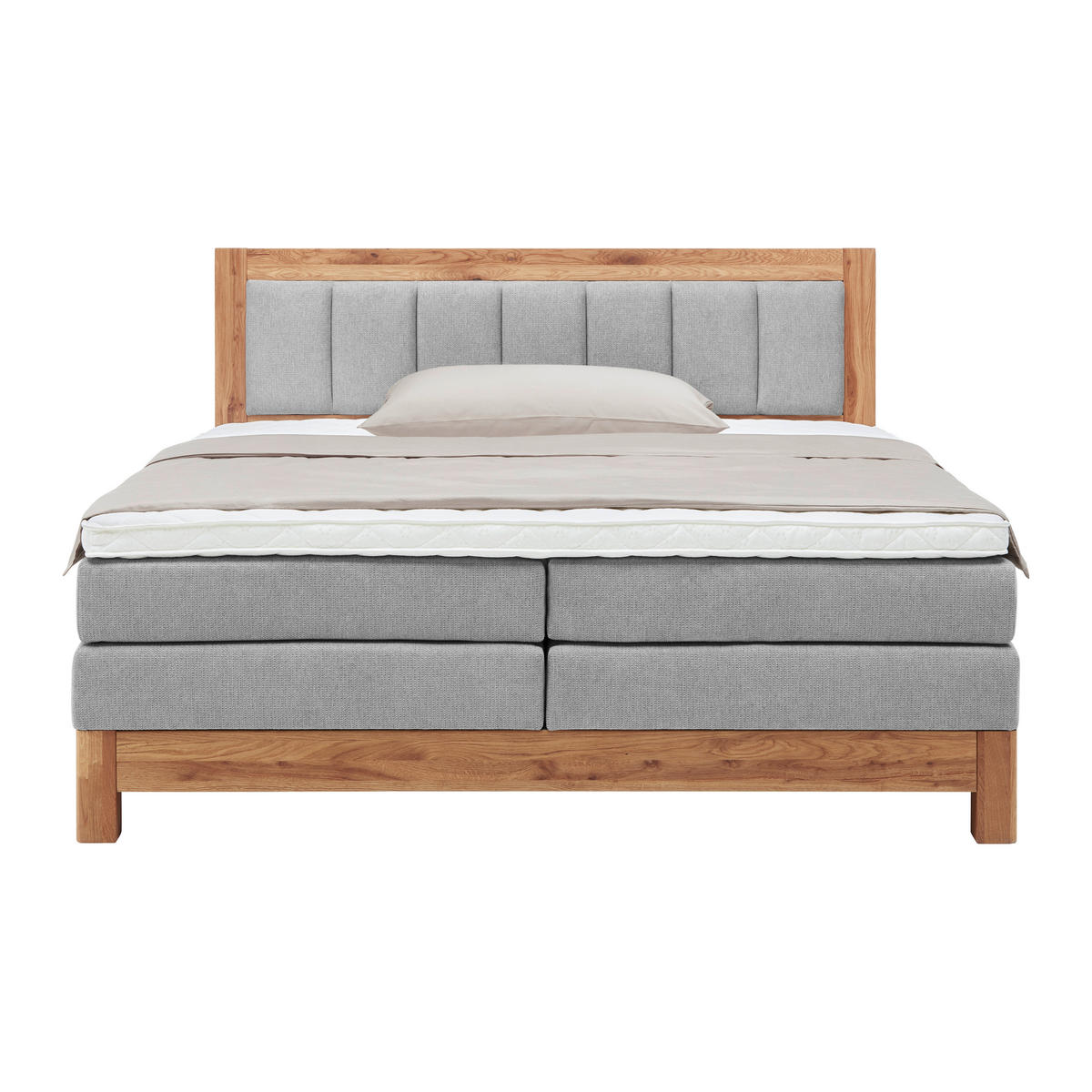 Boxspring, 160/200 cm, gri - bej/culoare lemn stejar, Konventionell, lemn/textil (160/200cm) - Valnatura
