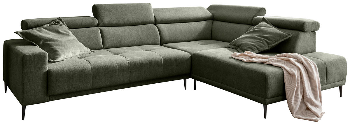ECKSOFA INTERA Dunkelgrün Struktur Kopfteilverstellung, Sitzvorzug  - Dunkelgrün/Schwarz, KONVENTIONELL, Textil/Metall (305/225cm) - Livetastic