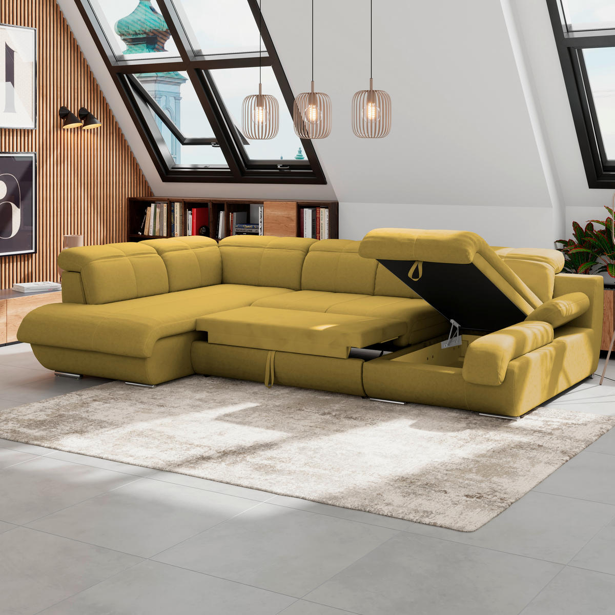 WOHNLANDSCHAFT Senfgelb Mikrofaser  - Chromfarben/Senfgelb, MODERN, Textil/Metall (228/345/184cm) - MID.YOU
