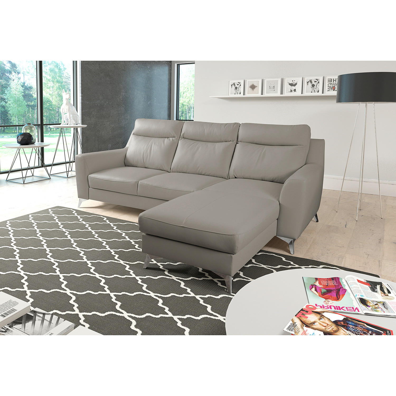 ECKSOFA Lederlook Echtleder Schlammfarben  - Chromfarben/Schlammfarben, Design, Leder/Textil (236/168cm) - Livetastic