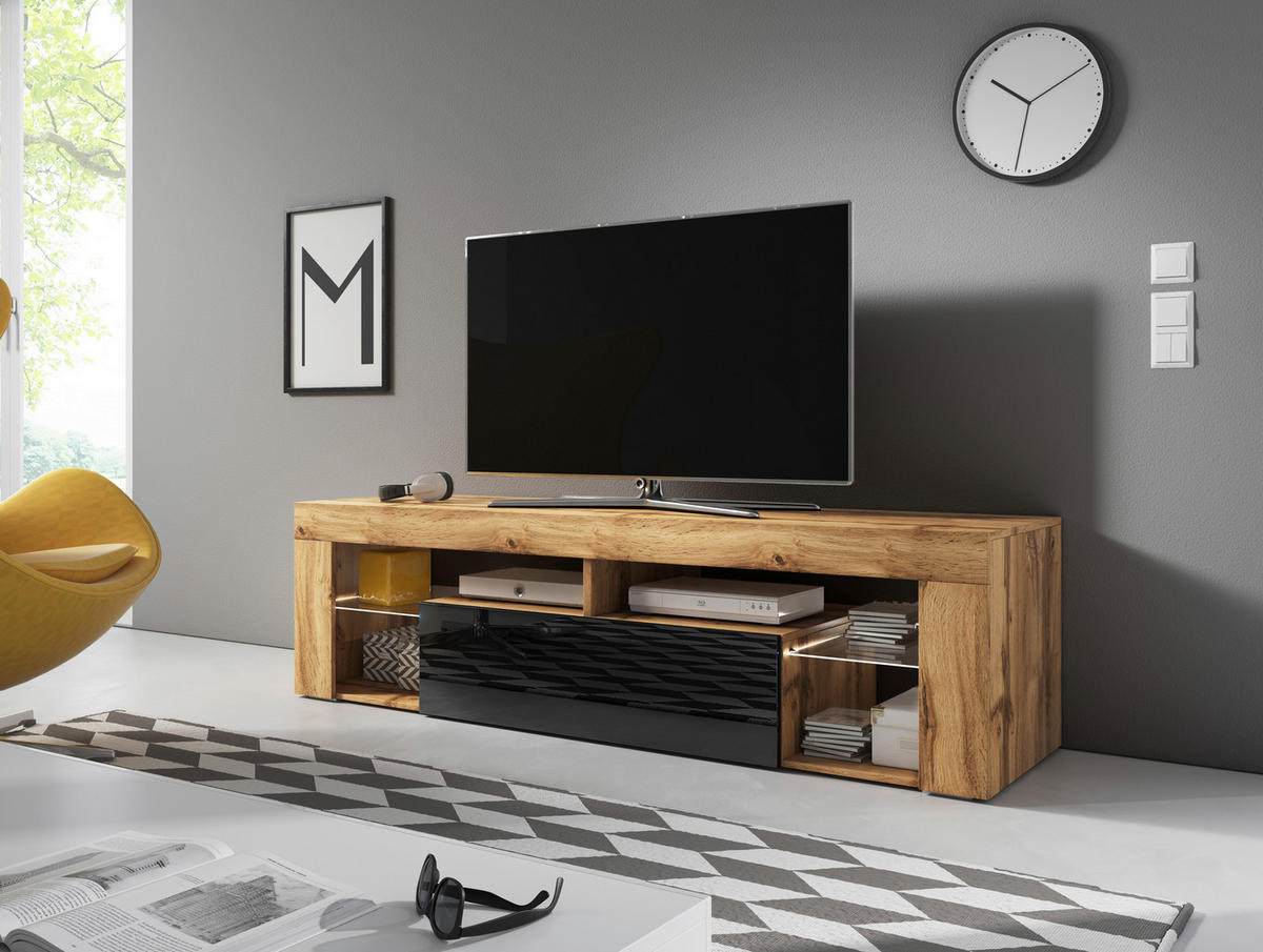 LOWBOARD EVEREST  in 140/50,5/35 cm  - Eiche Wotan/Schwarz, Design, Glas/Holzwerkstoff (140/50,5/35cm) - Livetastic