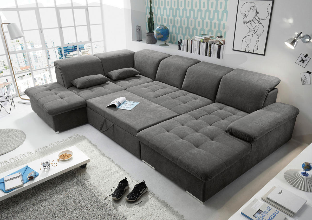 SOFFA i mikrovelour mörkgrå  - mörkgrå/silver, Klassisk, textil/plast (240/340/188cm) - MID.YOU