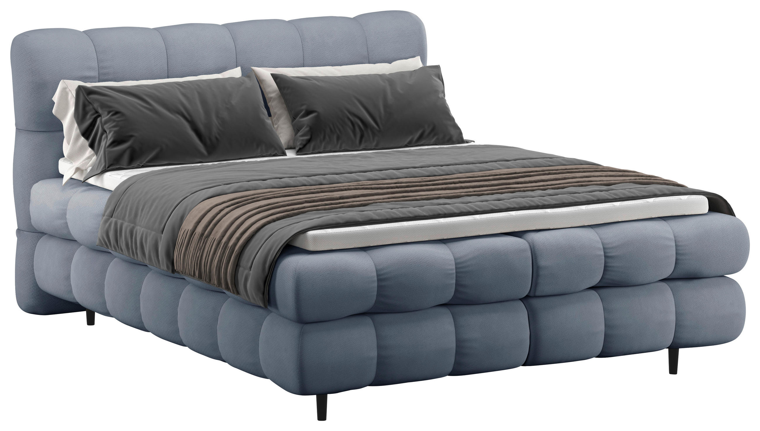 BOXBETT 160/200 cm,  in Blaugrau, gepolstertes Kopfteil, Bettkasten, Topper, H3 + H3 = fest  - Blaugrau/Schwarz, Design, Textil/Metall (160/200cm) - Ti'me