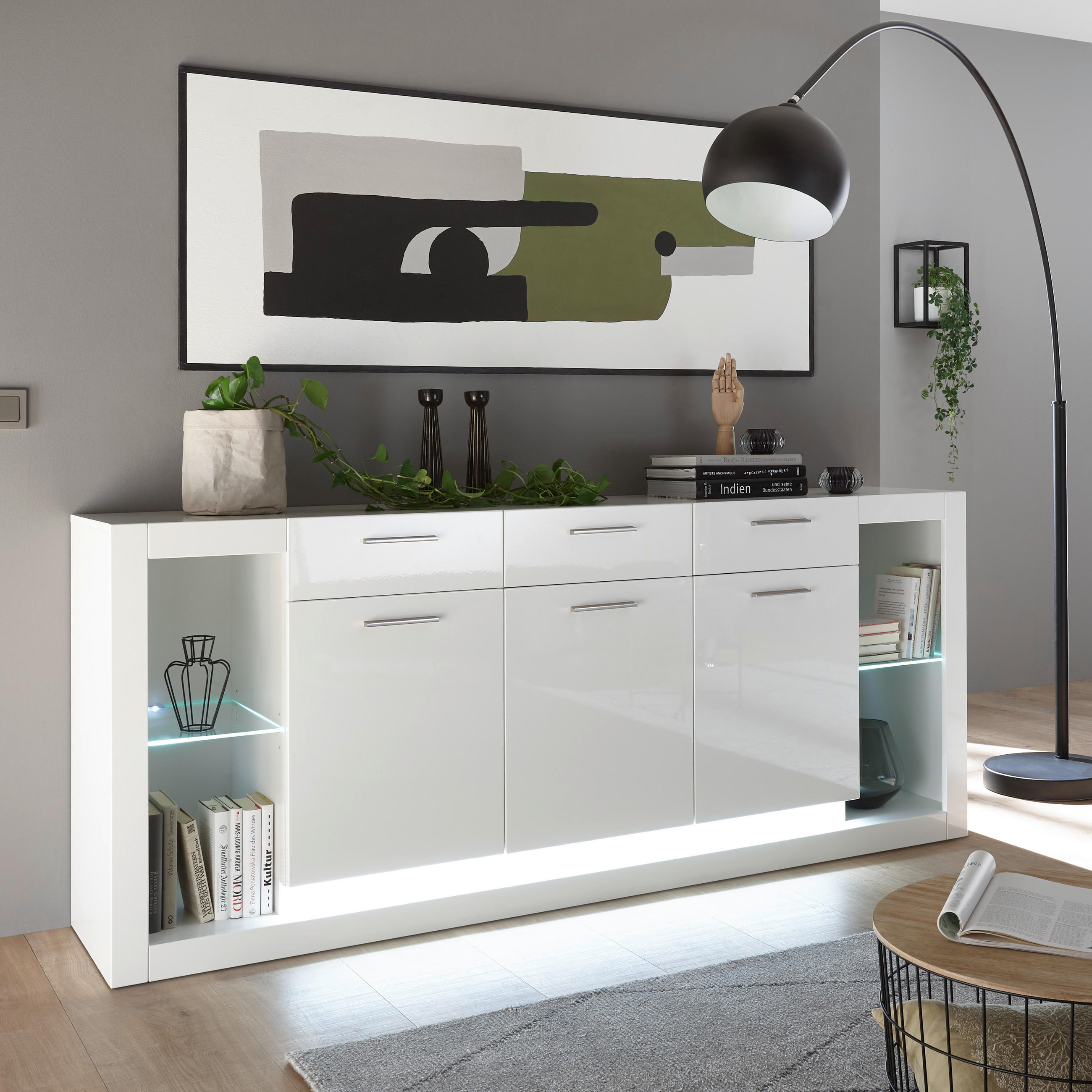 SIDEBOARD in 198/83/43 cm - Edelstahlfarben/Weiß Hochglanz, Design, Glas/Holzwerkstoff (198/83/43cm) - MID.YOU