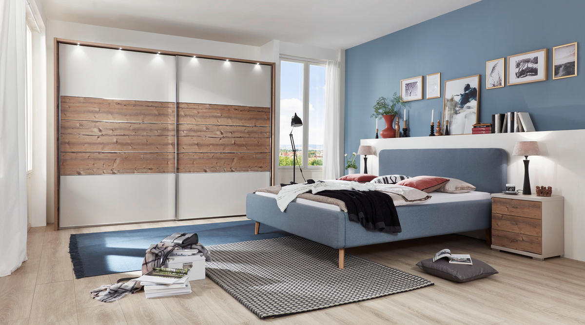 KÁRPITOZOTT ÁGY 160/200 cm  világoskék  - világoskék/tölgyfa, Design, textil/fa (160/200cm) - Livetastic