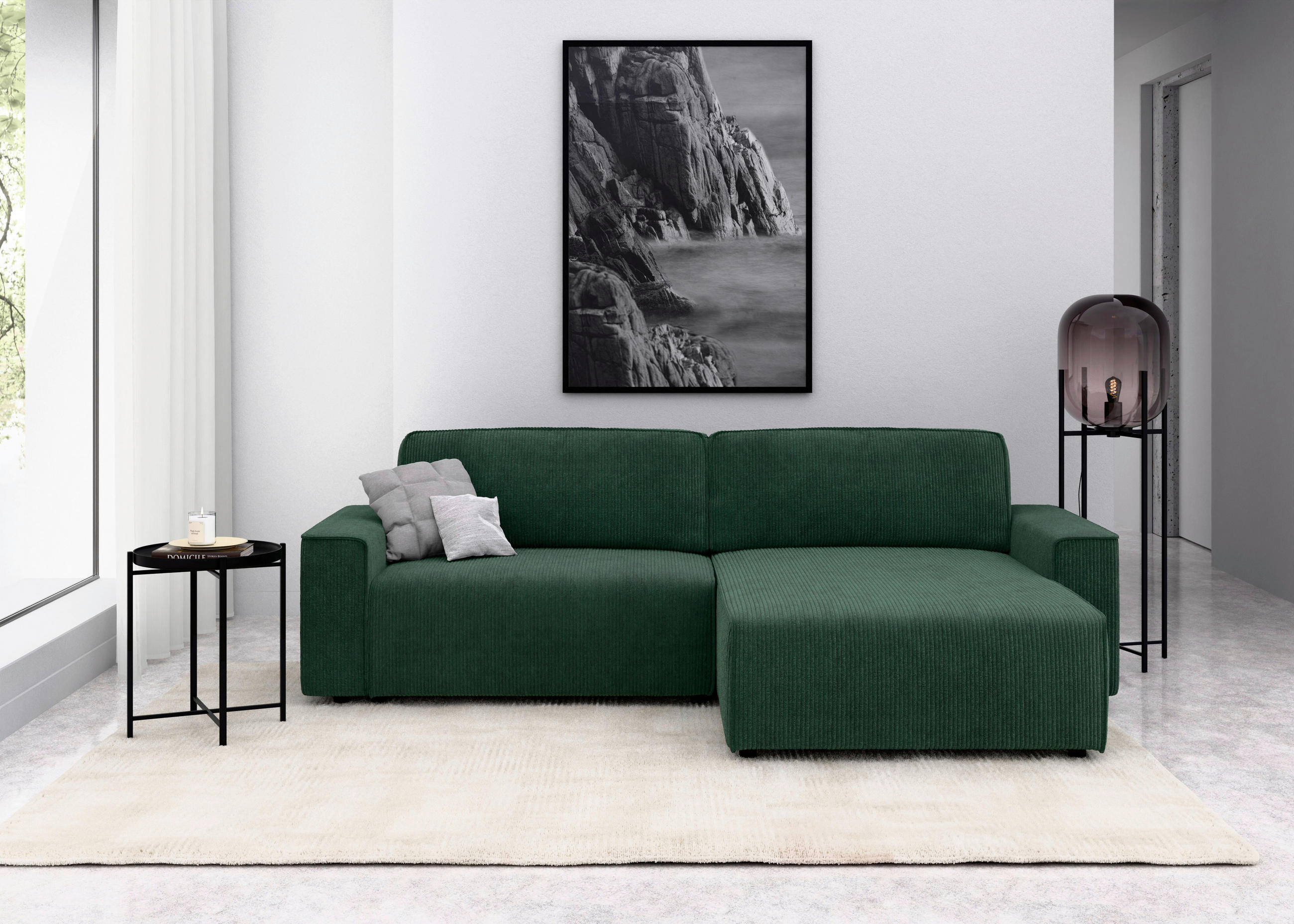 ECKSOFA in Cord Dunkelgrün  265/164 cm  - Dunkelgrün/Schwarz, MODERN, Kunststoff/Textil (265/164cm) - Trendmanufaktur