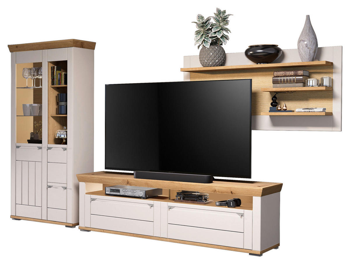 WOHNWAND  in Kaschmir, Eiche Artisan  355/208/53 cm  - Kaschmir/Eiche Artisan, ROMANTIK / LANDHAUS, Glas/Holzwerkstoff (355/208/53cm) - Landscape