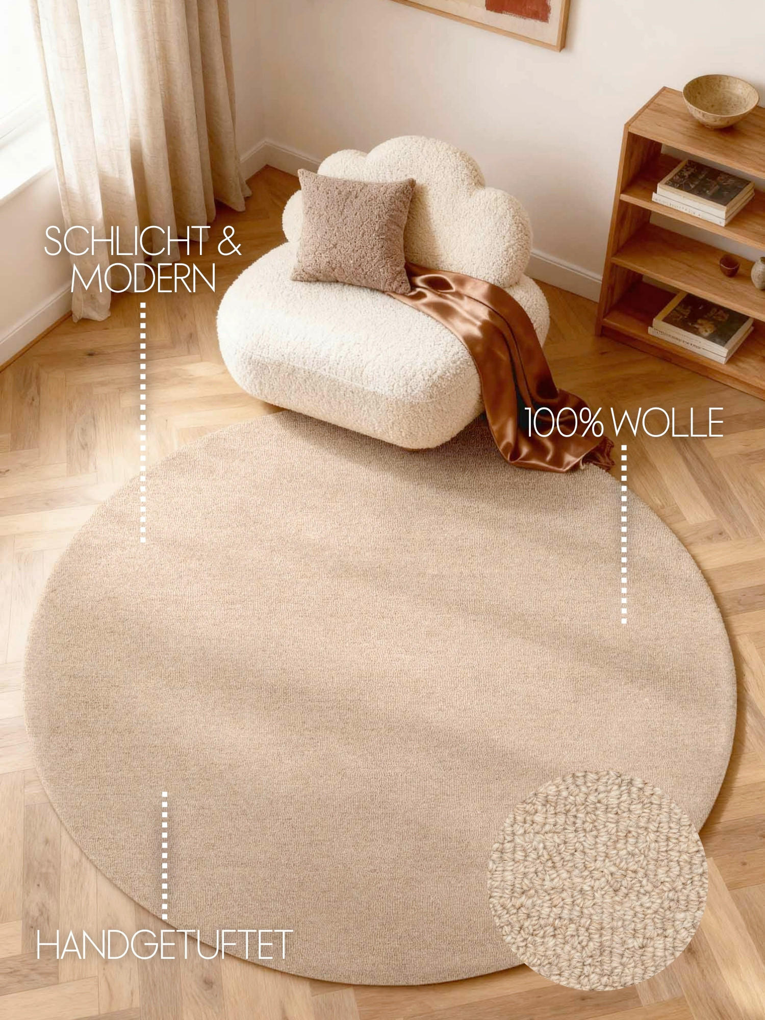 Thumbnail - Elle Decoration Wollteppich Puristic, Beige, Textil, Uni, rund, Oeko-Tex® Standard 100, für Fußbodenheizung geeignet, in...