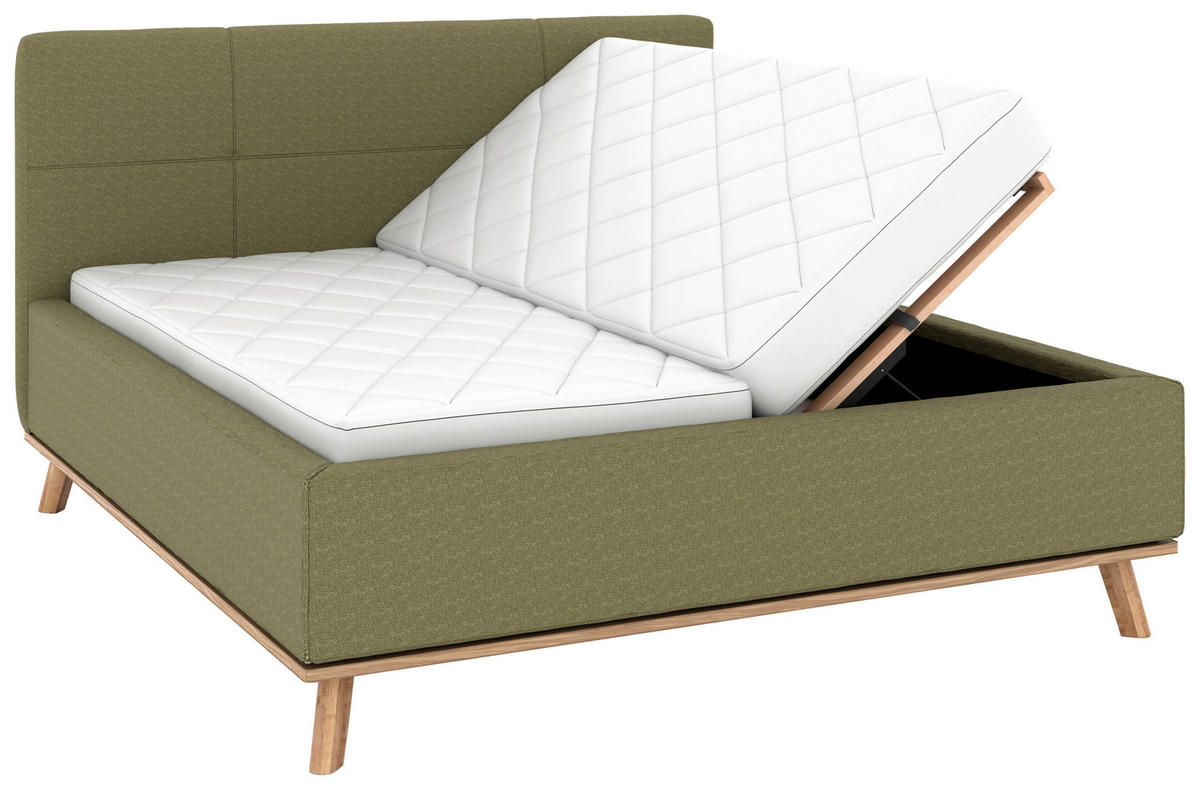 POLSTERBETT Matratze, Lattenrost, Bettkasten 180/200 cm  in Olivgrün  - Eichefarben/Weiß, Design, Holz/Textil (180/200cm) - Musterring