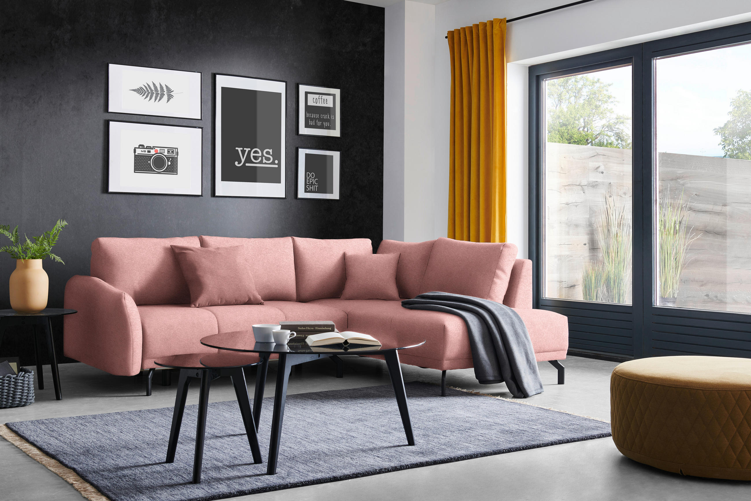ECKSOFA in Webstoff Altrosa  250/191 cm  - Schwarz/Altrosa, Design, Textil/Metall (250/191cm) - Carryhome