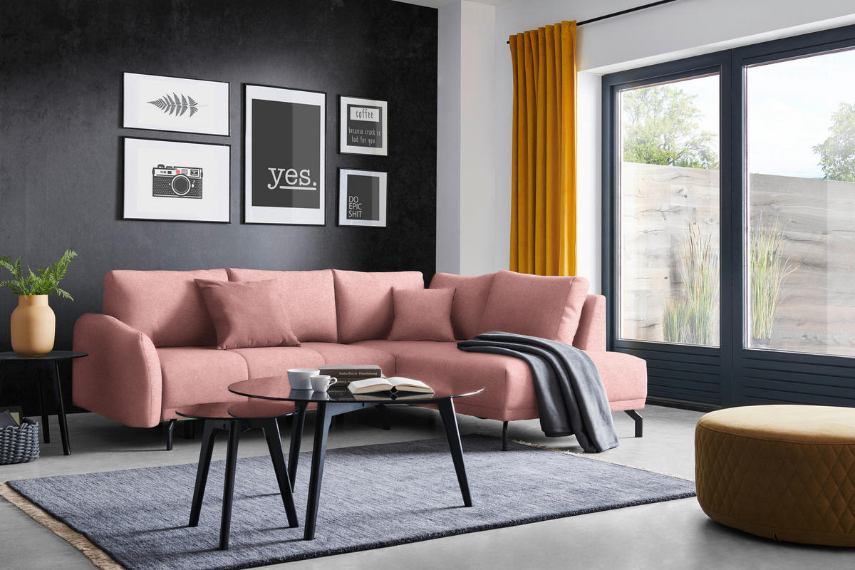 ECKSOFA in Webstoff Altrosa  250/191 cm  - Schwarz/Altrosa, Design, Textil/Metall (250/191cm) - Carryhome