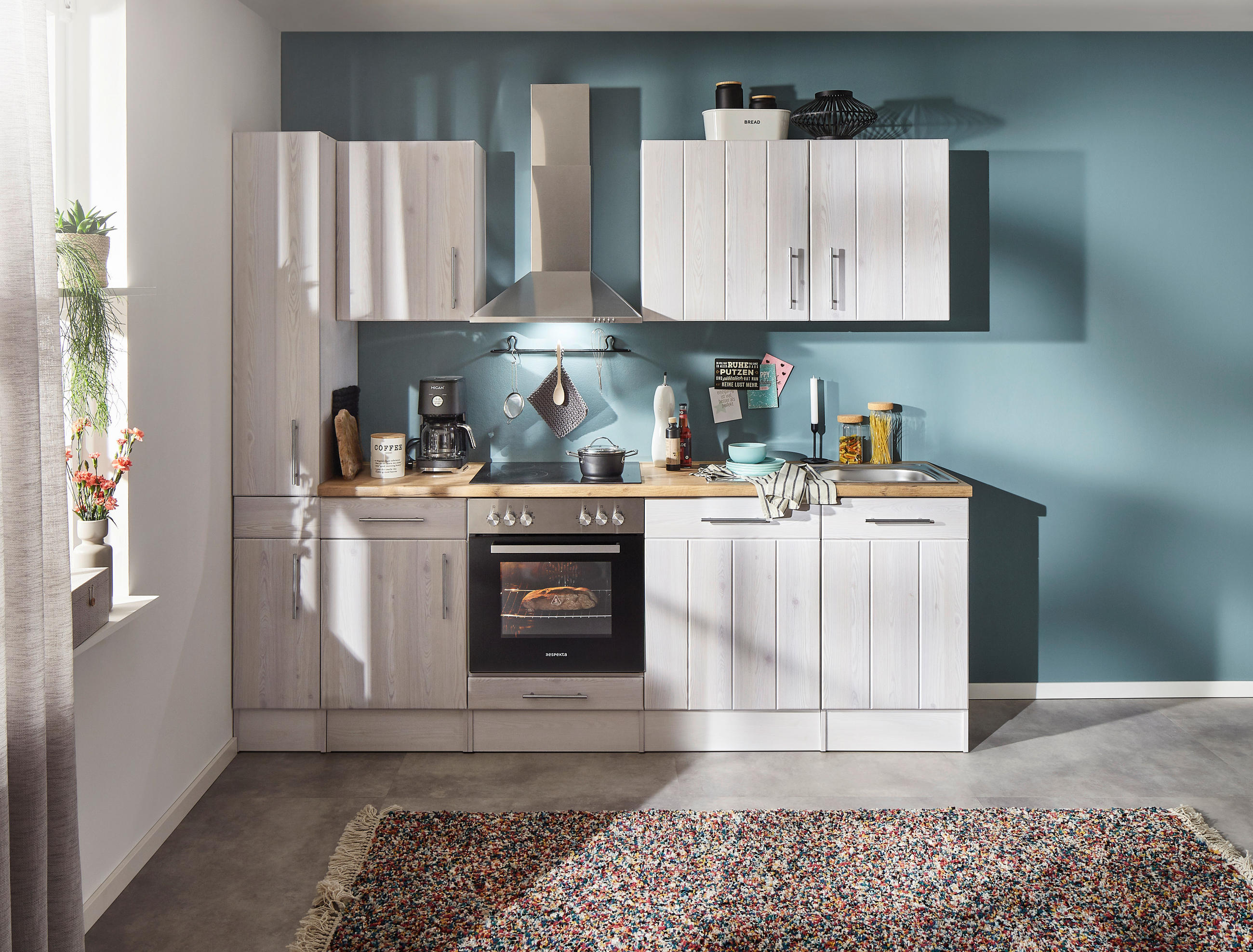 KÜCHENBLOCK 250 cm   in Weiß, Lärchefarben  - Wildeiche/Edelstahlfarben, ROMANTIK / LANDHAUS, Holzwerkstoff/Metall (250cm) - Respekta
