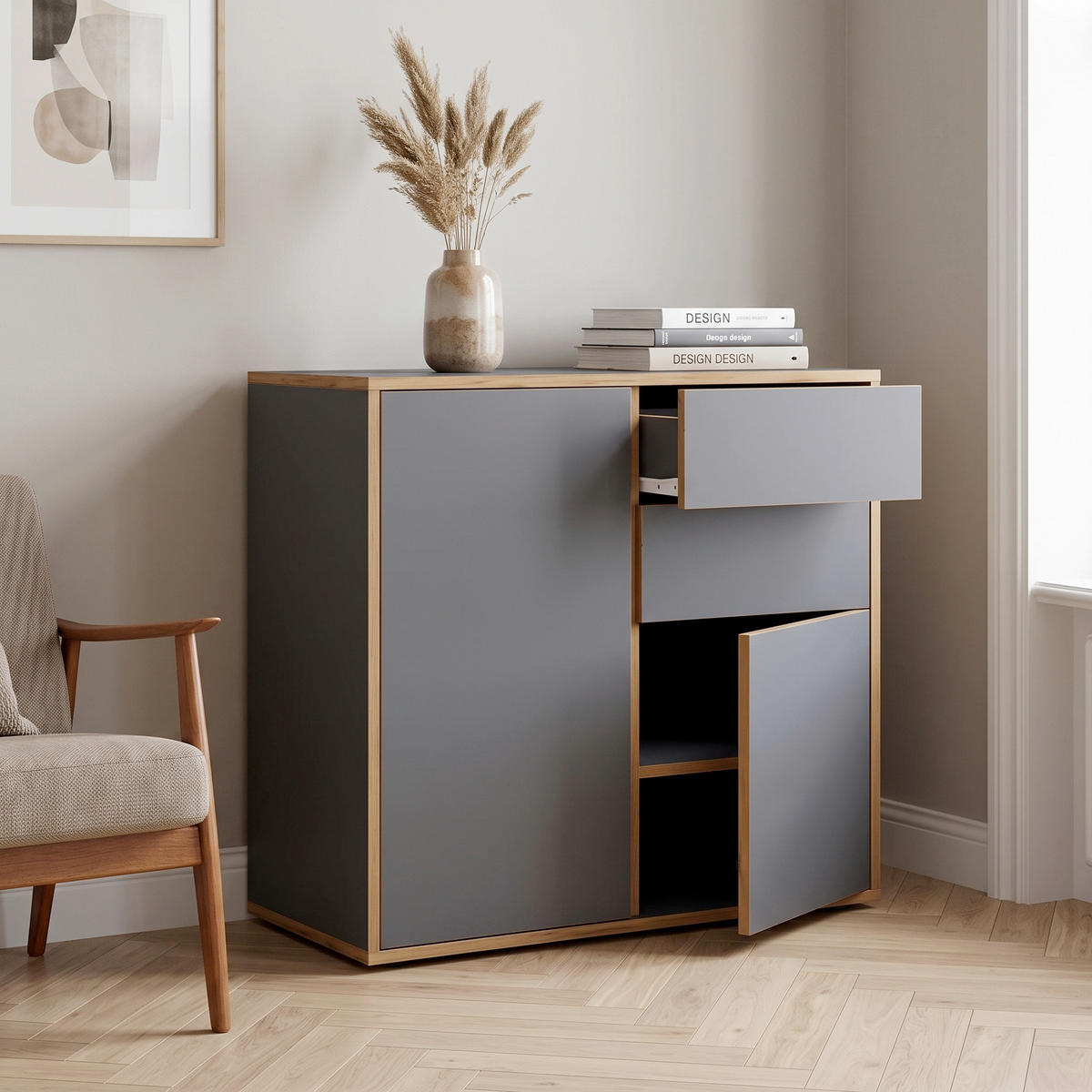 KOMMODE Salia, 79/74/33 cm, 2 Schublade(n)  - Honigeiche/Anthrazit, Design, Holzwerkstoff/Kunststoff (79/74/33cm) - MID.YOU