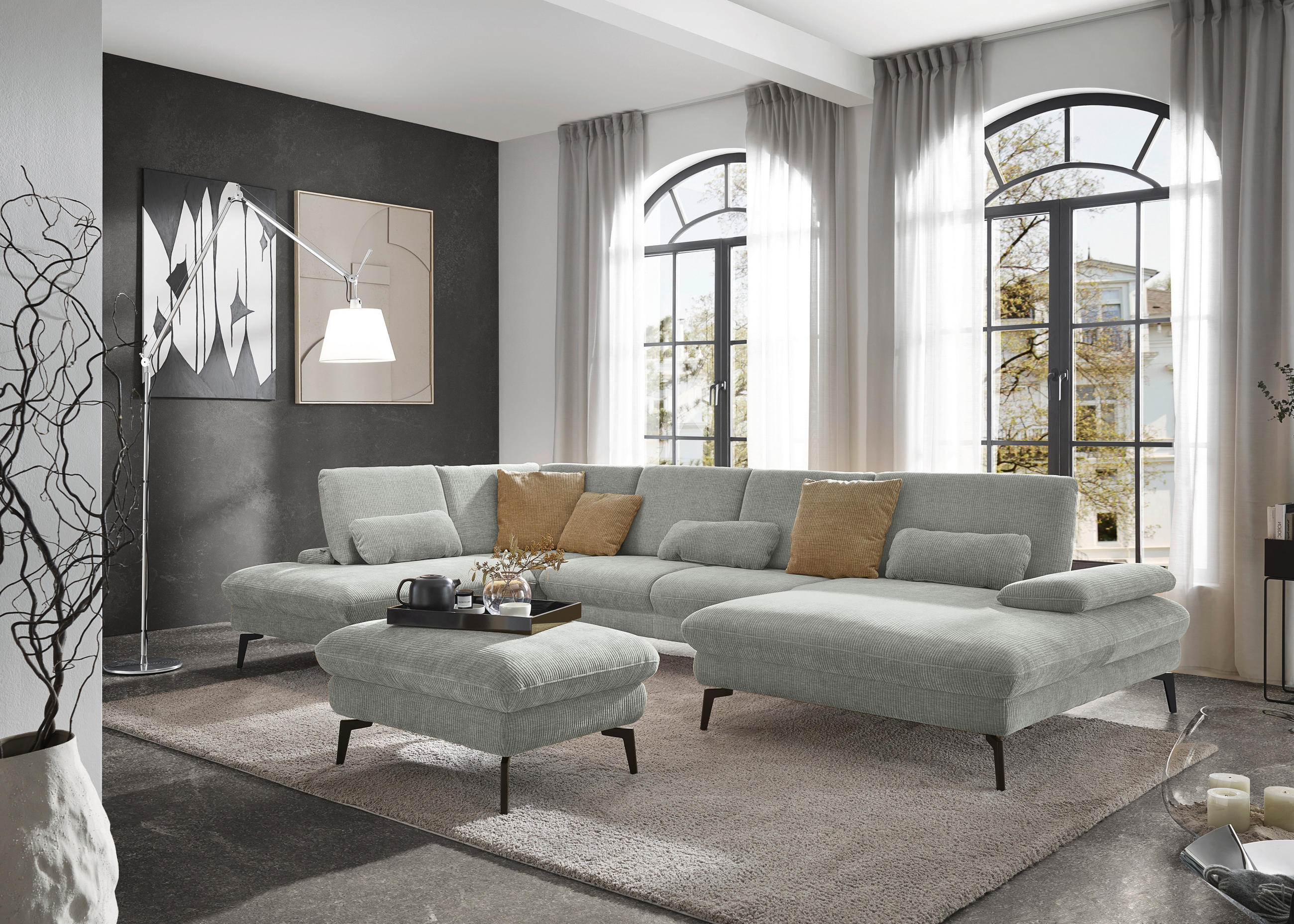 WOHNLANDSCHAFT in Webstoff Silberfarben  - Silberfarben/Schwarz, Design, Textil/Metall (208/354/157cm) - Dieter Knoll