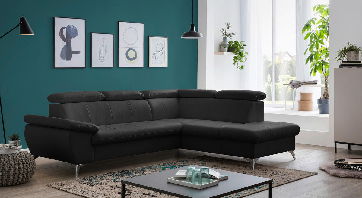 ECKSOFA Schwarz Lederlook  - Chromfarben/Schwarz, KONVENTIONELL, Textil/Metall (256/209cm) - Livetastic