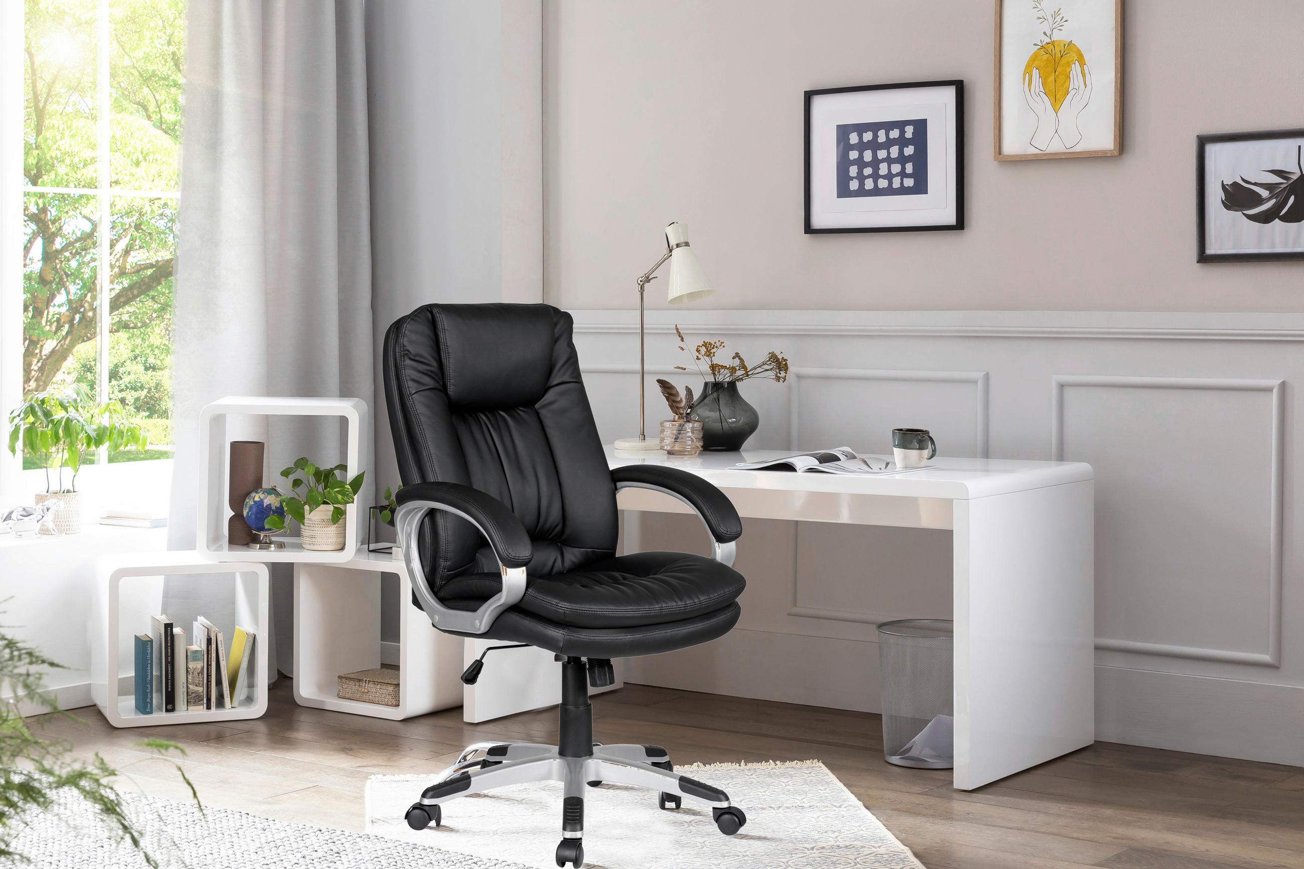 DREHSTUHL  in Lederlook Schwarz, Silberfarben  - Silberfarben/Schwarz, MODERN, Kunststoff/Textil (66/104/74cm) - Livetastic