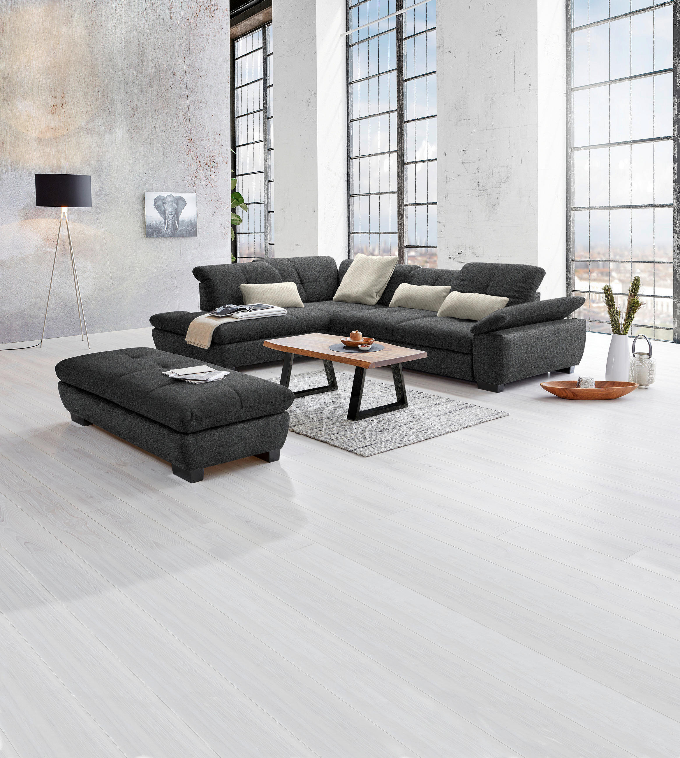 ECKSOFA in Flachgewebe Dunkelgrau  - Dunkelgrau/Schwarz, Design, Textil/Metall (242/313cm) - Xora