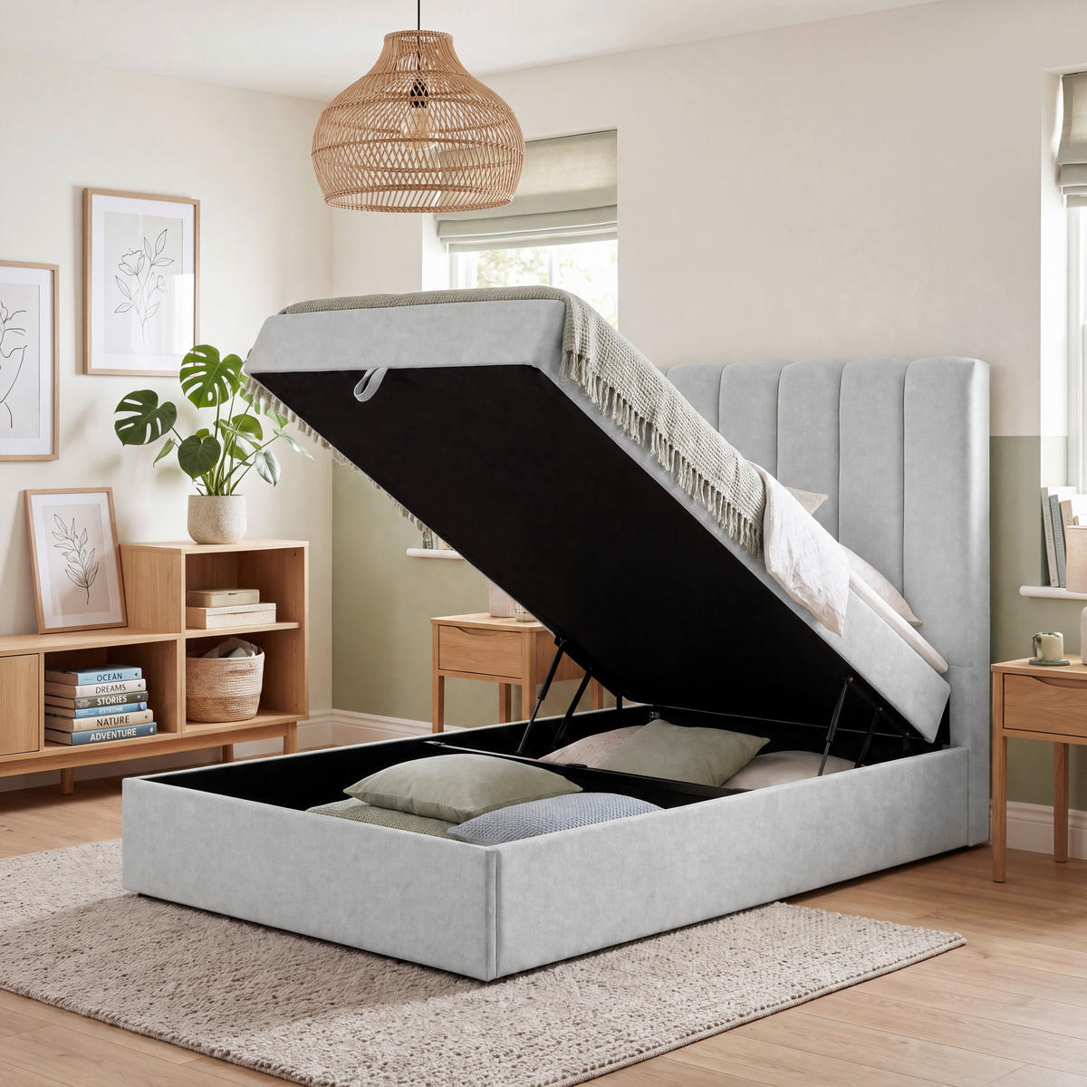 BOXBETT 100/200 cm,  in Hellgrau, Matratze, gepolstertes Kopfteil, Bettkasten, Topper, H3 = fest  - Hellgrau/Schwarz, Basics, Kunststoff/Textil (100/200cm) - Chameo