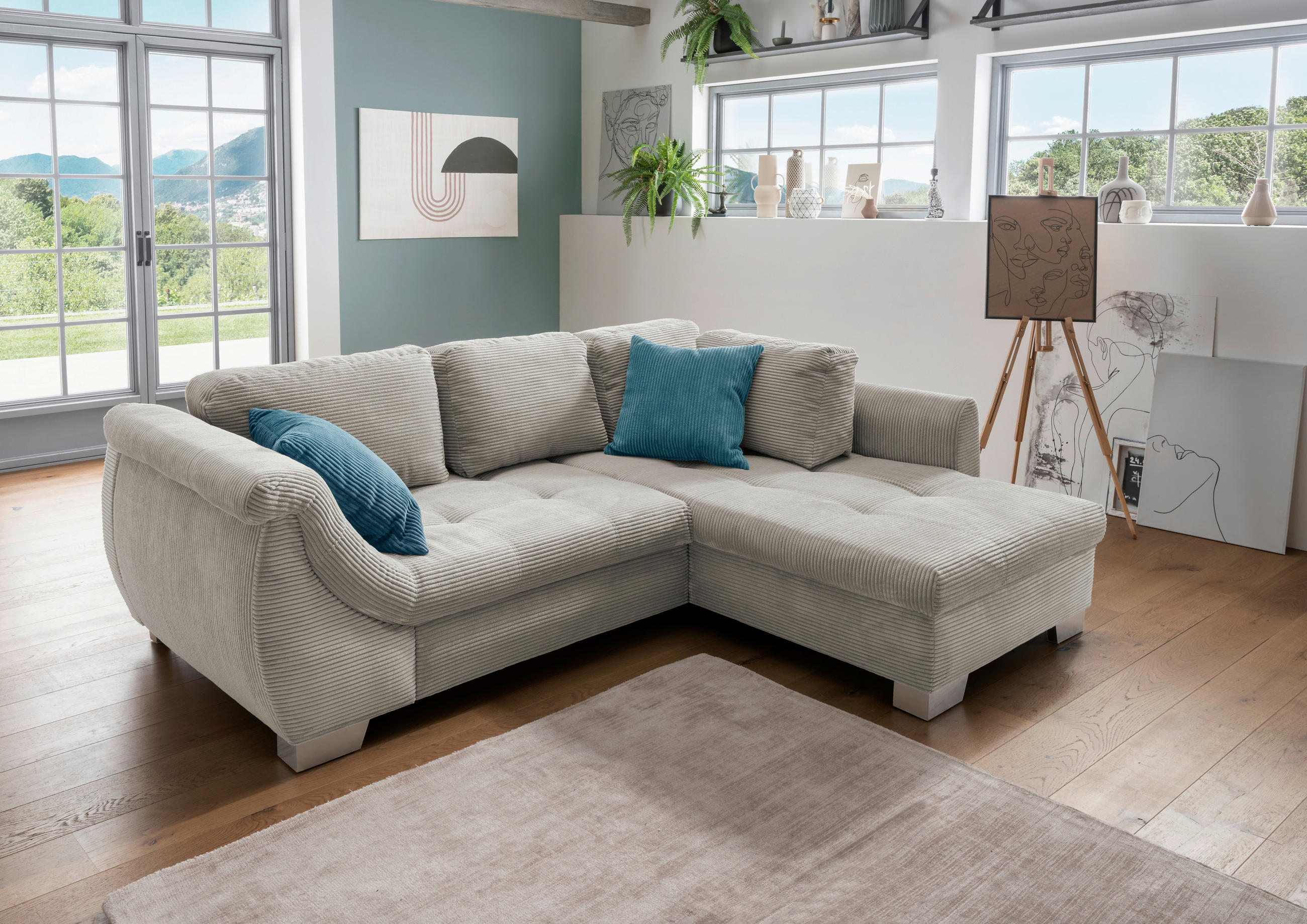 Wohnlandschaft in Cord Silberfarben  - Silberfarben/Petrol, Design, Holz/Textil (250/190cm) - MID.YOU