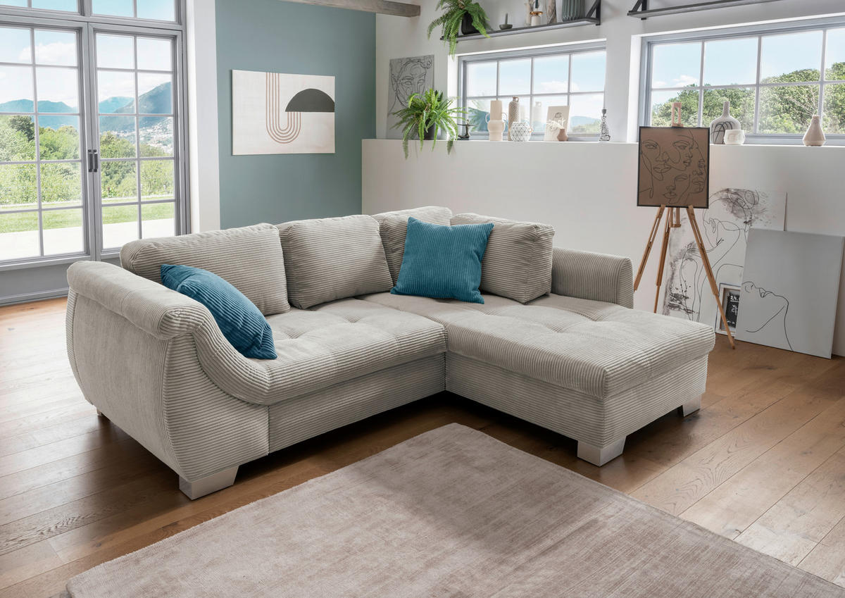 Wohnlandschaft in Cord Silberfarben  - Silberfarben/Petrol, Design, Holz/Textil (250/190cm) - MID.YOU