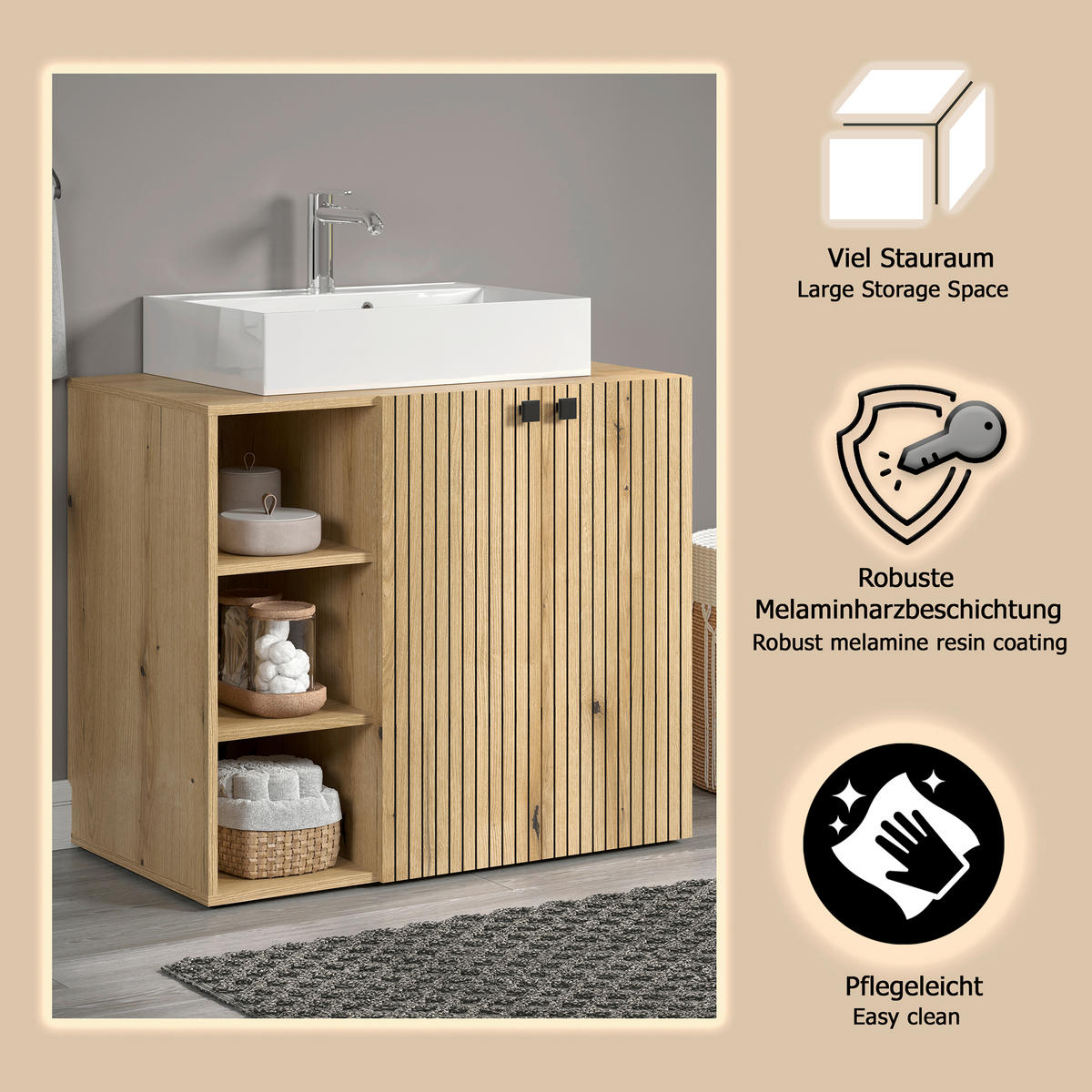 WASCHBECKENUNTERSCHRANK 90/91/53 cm  - Eichefarben/Schwarz, Trend, Holzwerkstoff/Kunststoff (90/91/53cm) - MID.YOU