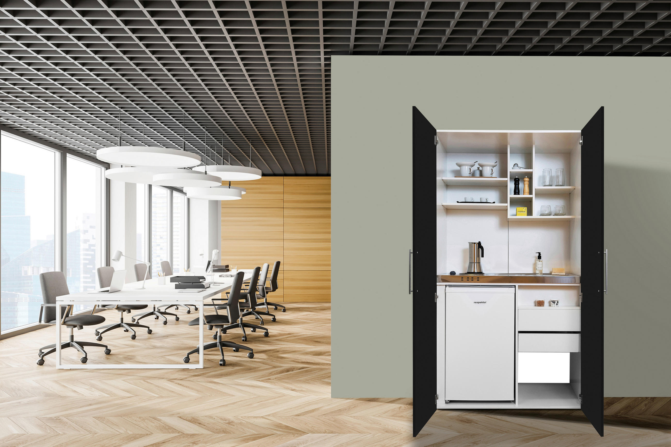 Schrankküche Mit Kühlschrank + Kochfeld 104 Cm Modern