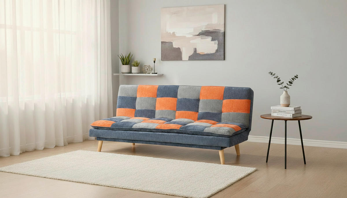 SCHLAFSOFA Chenille Blau, Grau, Orange  - Blau/Naturfarben, Design, Holz/Textil (180/77/91cm) - MID.YOU